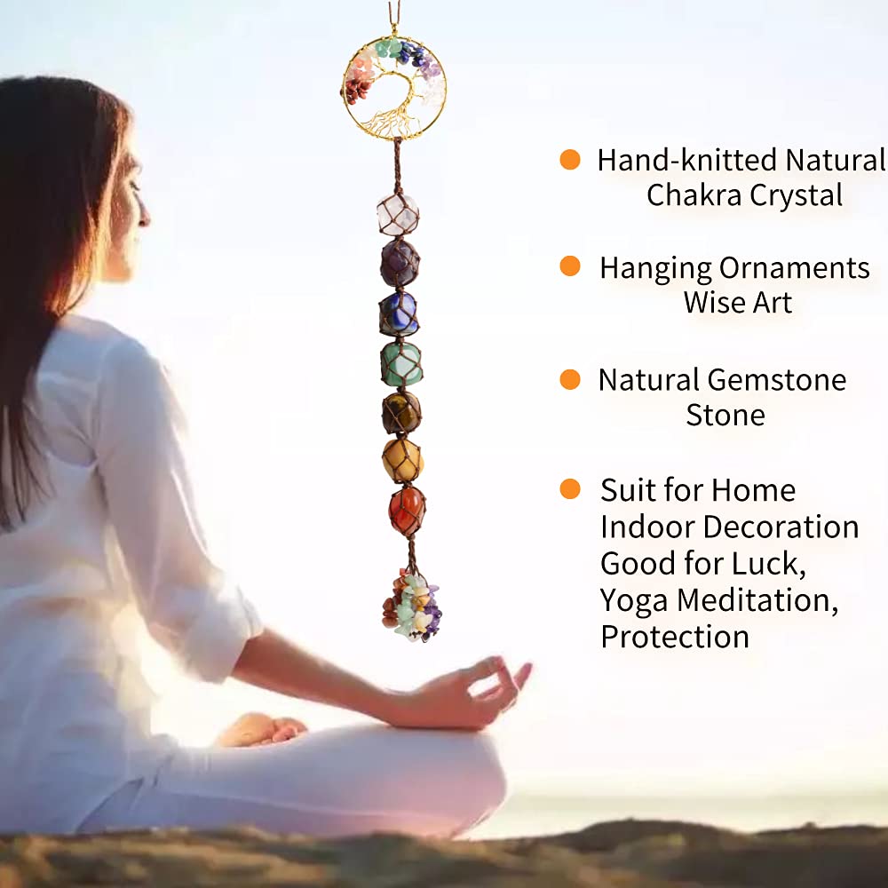 Handmade Tree of Life Ornament 7 Chakra Healing Crystals Hanging Ornament for Car Wall Window Home Decor Christmas Tree (Brown Thread)