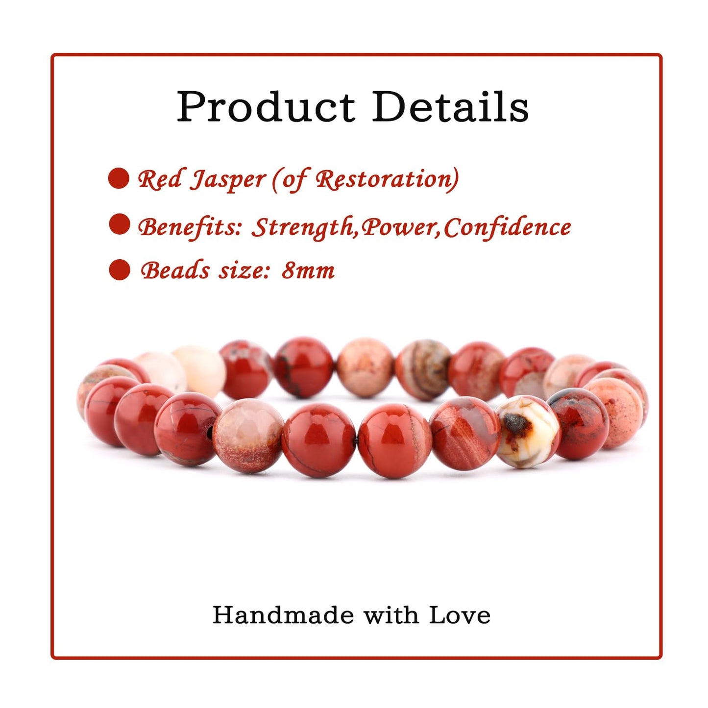 Bymitel 8mm Red Jasper - Handmade Reiki Gemstone Stretch Bracelet, Natural Beauty & Spiritual Essence, Crystal Healing for Unisex Adults