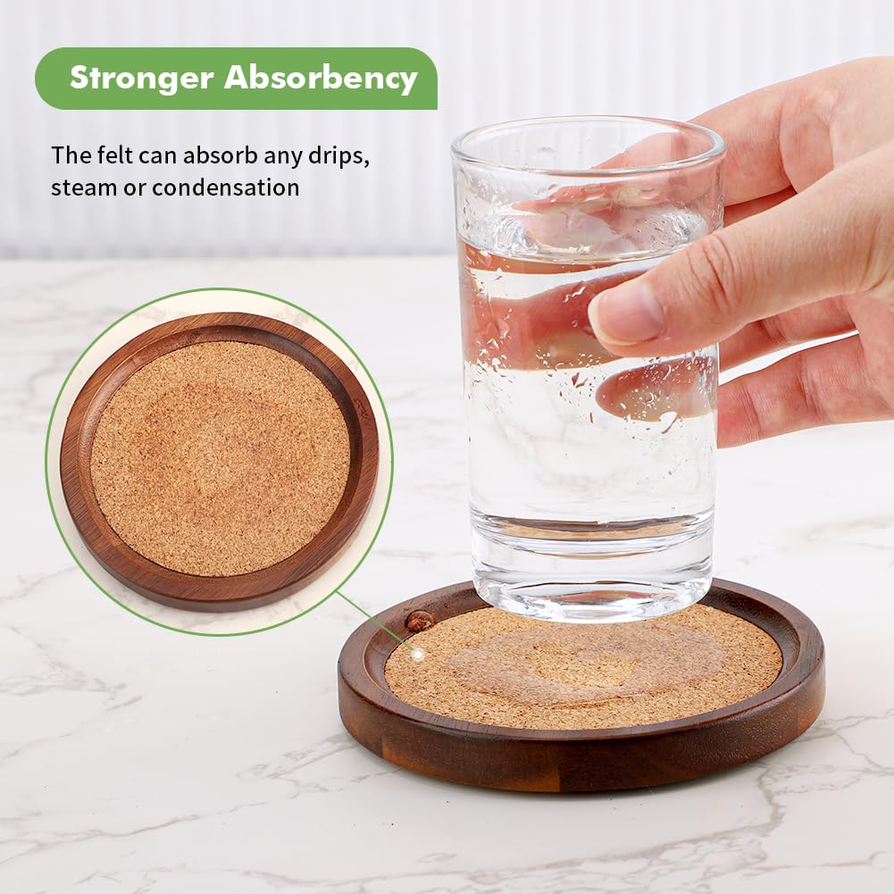 WLWNWFT Wood Cork Coasters for Drinks Absorbent with Holder, WLWNWFT Acacia Wood Coaster Sets Rustic Farmhouse for Coffee Table Dining Table Wooden Table Coasters for Desk, Set of 6 4.33in
