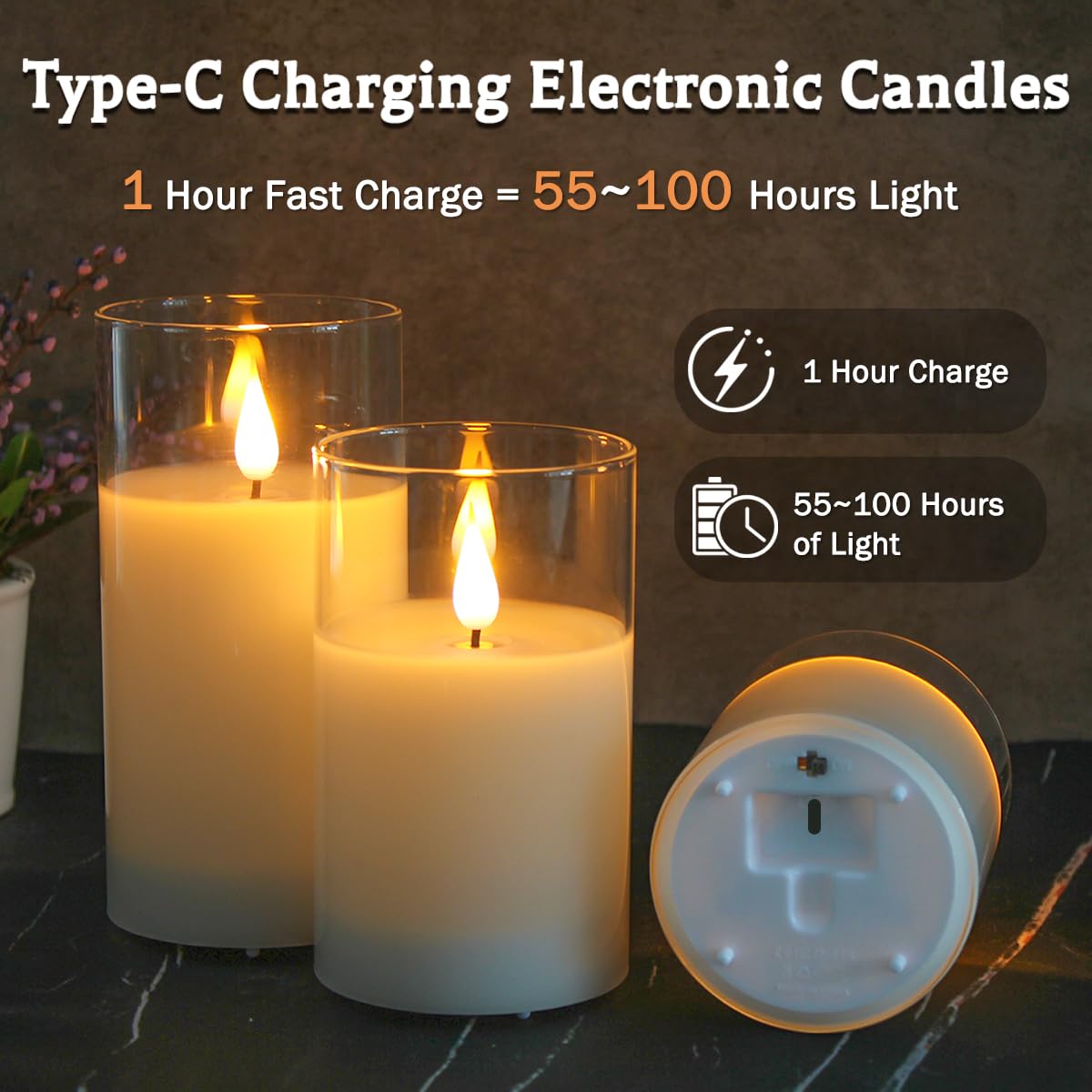 LEDHOLYT Rechargeable Flameless Glass Pillar Candles–Mothers Day Gifts,–Set of 3, Realistic Flickering LED Light,Remote & Timer, Ideal for Living Room, Bedroom & Birthday Gifts for Mom
