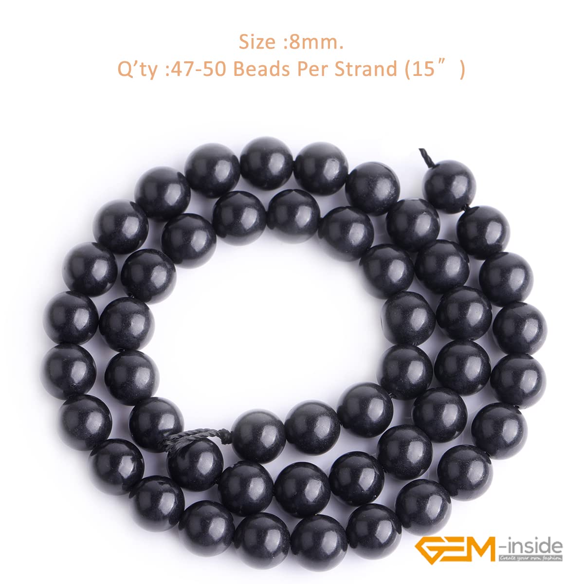 GEM-Inside 8mm Natural Black Russian Shungite Polished Round Stone Chakra Beads for Jewelry Making Full 15" Strand Power Energy Healing Stone