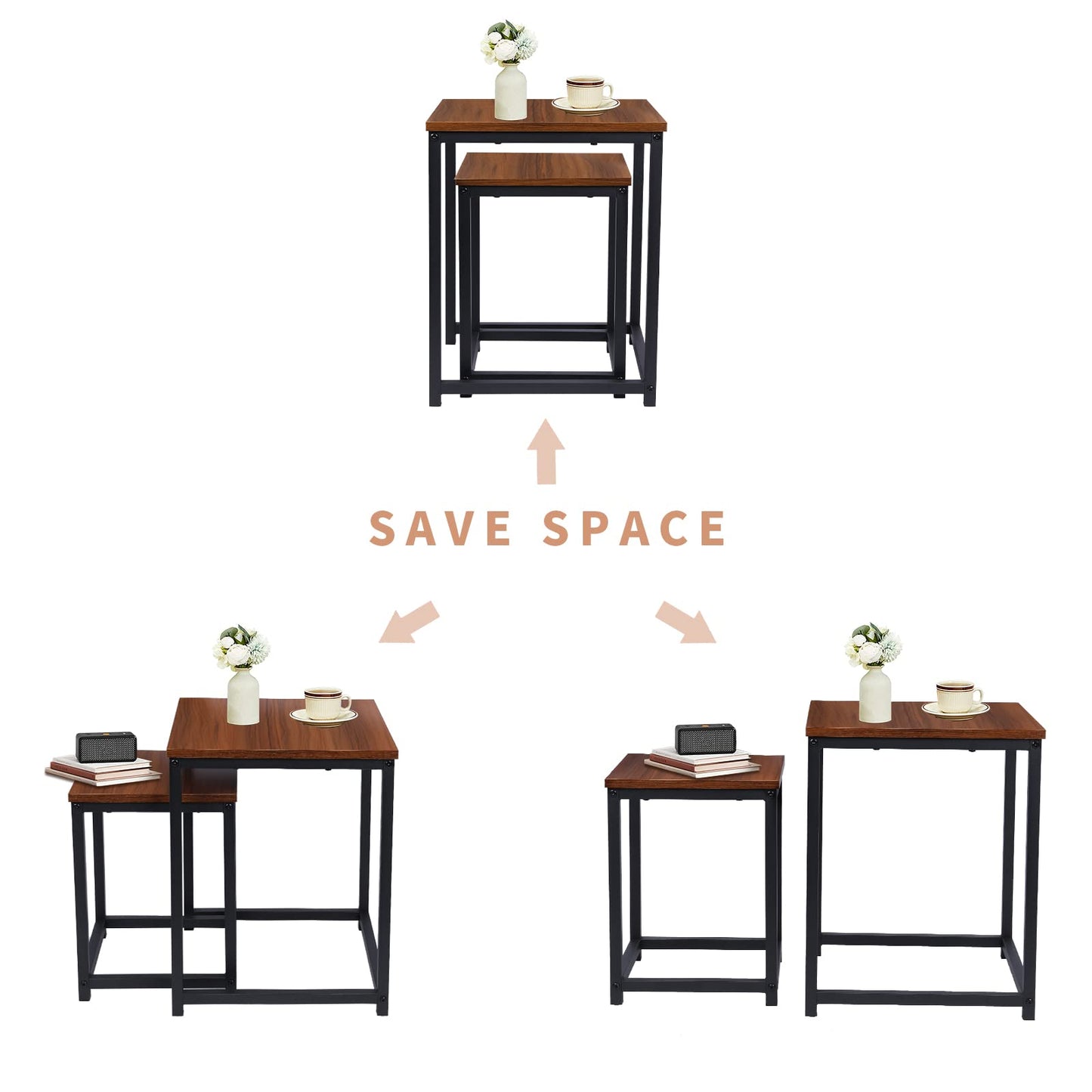 Vipush Nesting Tables Coffee Table Set of 2 - End Tables Living Room Small Side Tables Modern Farmhouse Sturdy Metal Frame Wood Desk