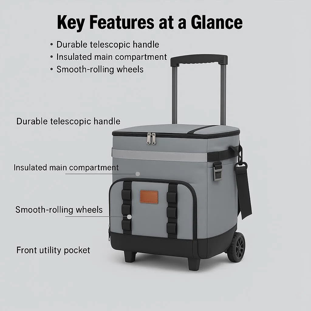 Spherate Insulated Rolling Cooler with Wheels - Soft Leak Proof Ice Chest for Camping, Beach, Travel and Lunch - Portable Wheeled Cooler (Gray)