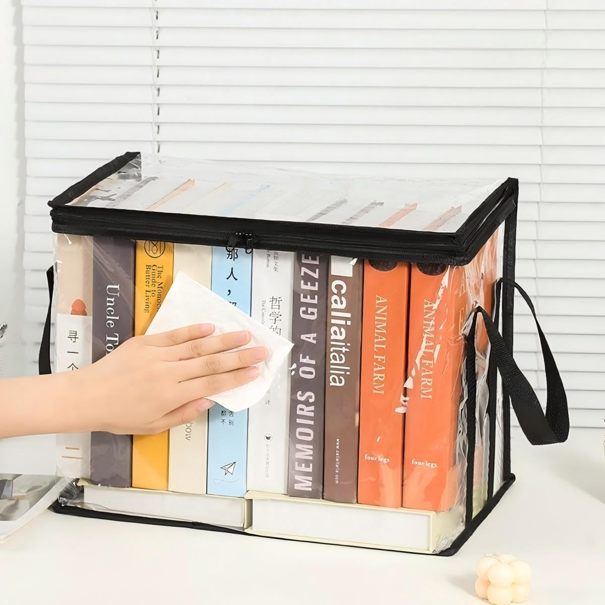 Book Storage Box Clear Dustproof Collapsible Book Organizer Desktop Classroom Home Reusable (Medium)
