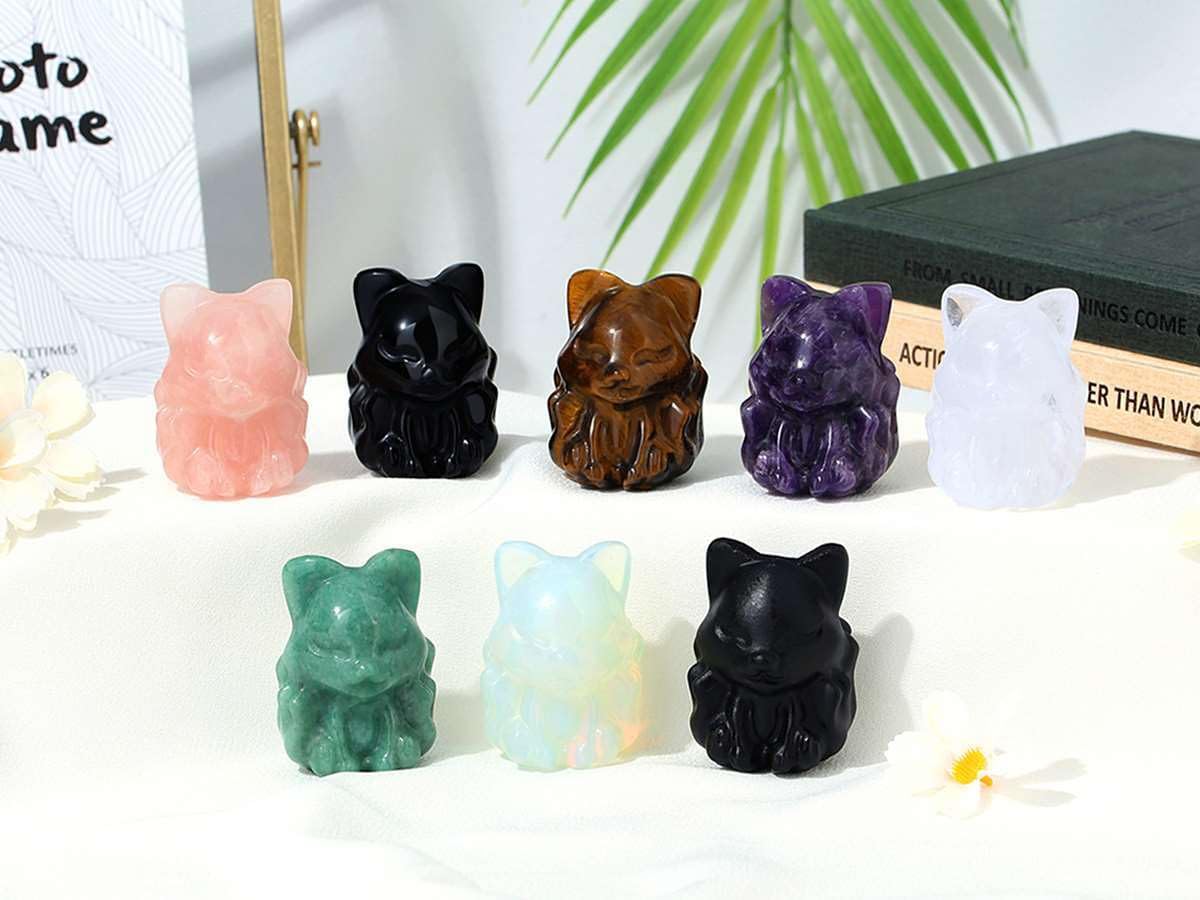 LAIDANLA 2" Opal Fox Figurine Healing Crystals Fox Statue Hand Carved Natural Gemstone Polished Reiki Spiritual Pocket Animal Sculpture Home Office Room Desk Decor
