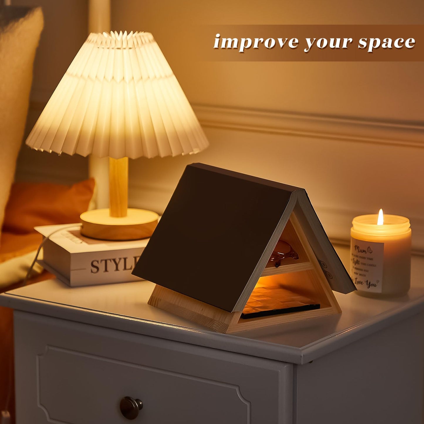 Menkxi Wooden Triangle Book Stand 7 x 7 x 6 Inch Page Rest Holder Place Functional Shelf for Bedroom Office Library Table Centerpiece Decoration for Book Lover