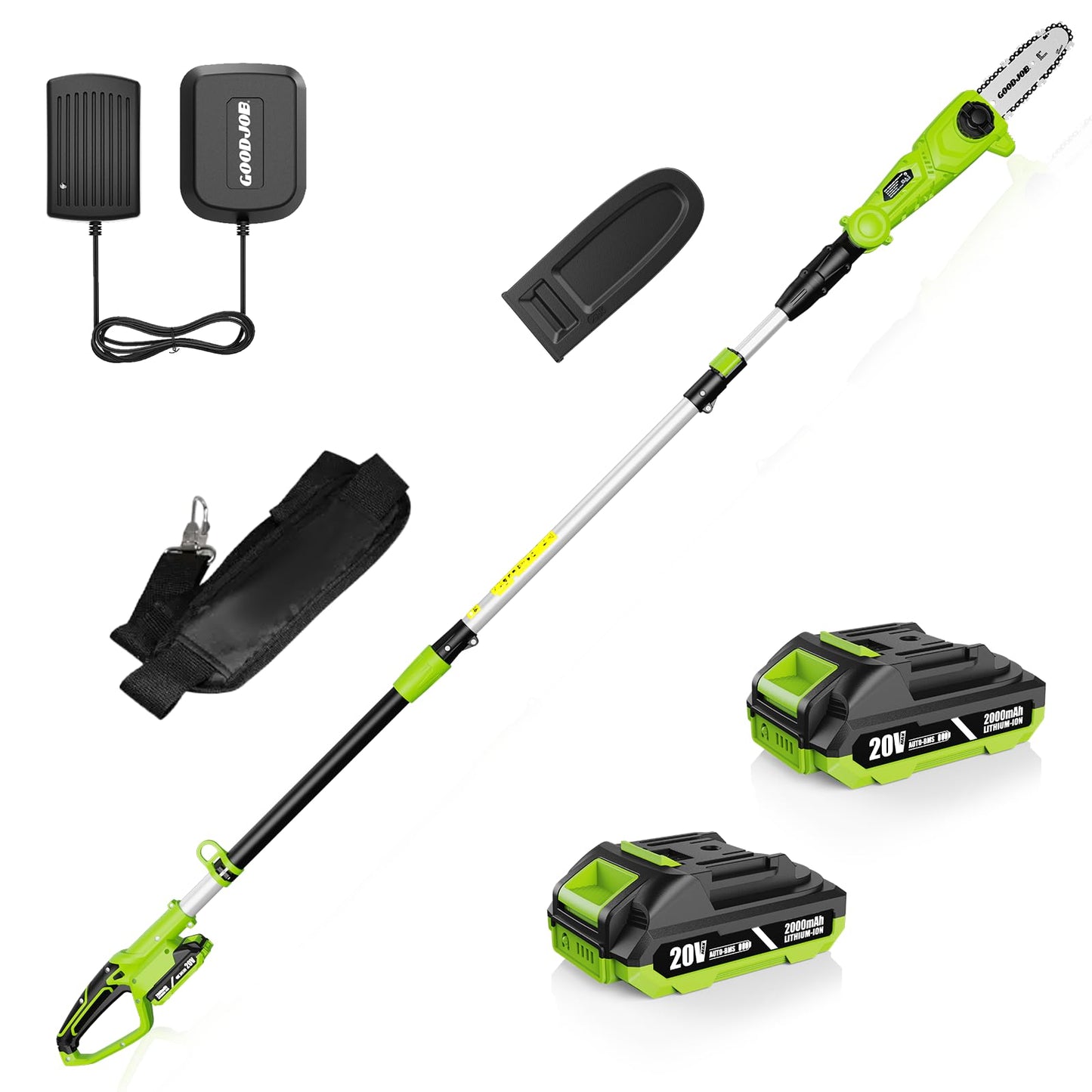 Electric Pole Saw for Tree Trimming, 20V 8-Inch Cordless Pole Chainsaw with Low Kick-Back Bar, Extends to 14.2 Ft, Auto Oiling, 2 Batteries & Fast Charger for High Branches, Orchard & Garden Use