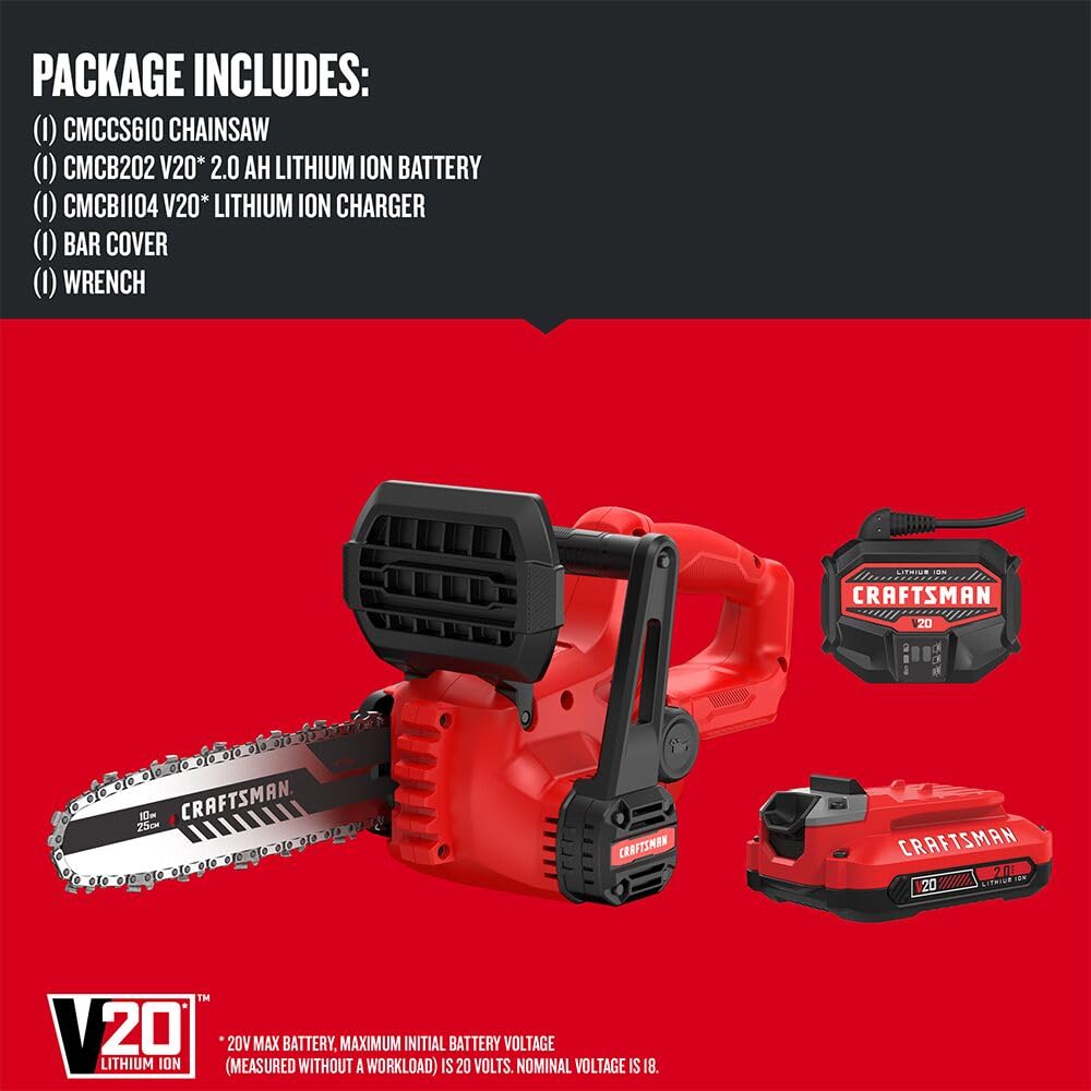 CRAFTSMAN Mini Chainsaw, 10 inch Mini Chainsaw Cordless, Electric Chain Saw, V20 Battery and Charger Included, Handheld Tree Trimmer Wood Cutter (CMCCS610D1)