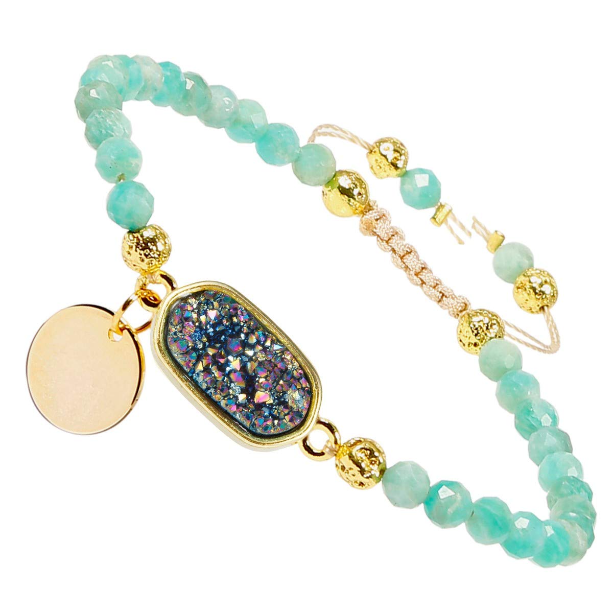 Nupuyai 4mm Faceted Stone Beads Bracelet for Women Men, Adjustable Healing Crystal Chakra Bracelet with Druzy Oval Charms, Amazonite