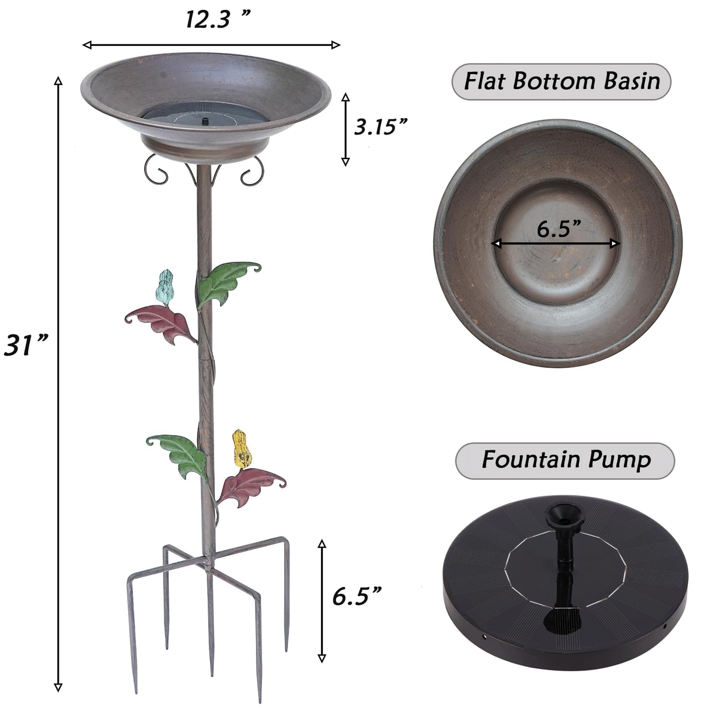 31”H Solar Bird Bath with Metal Stake, Metal Bird Bath Bubbler, Bird Baths for Outdoors with Solar Fountain for Outdoors Garden Yard Decor