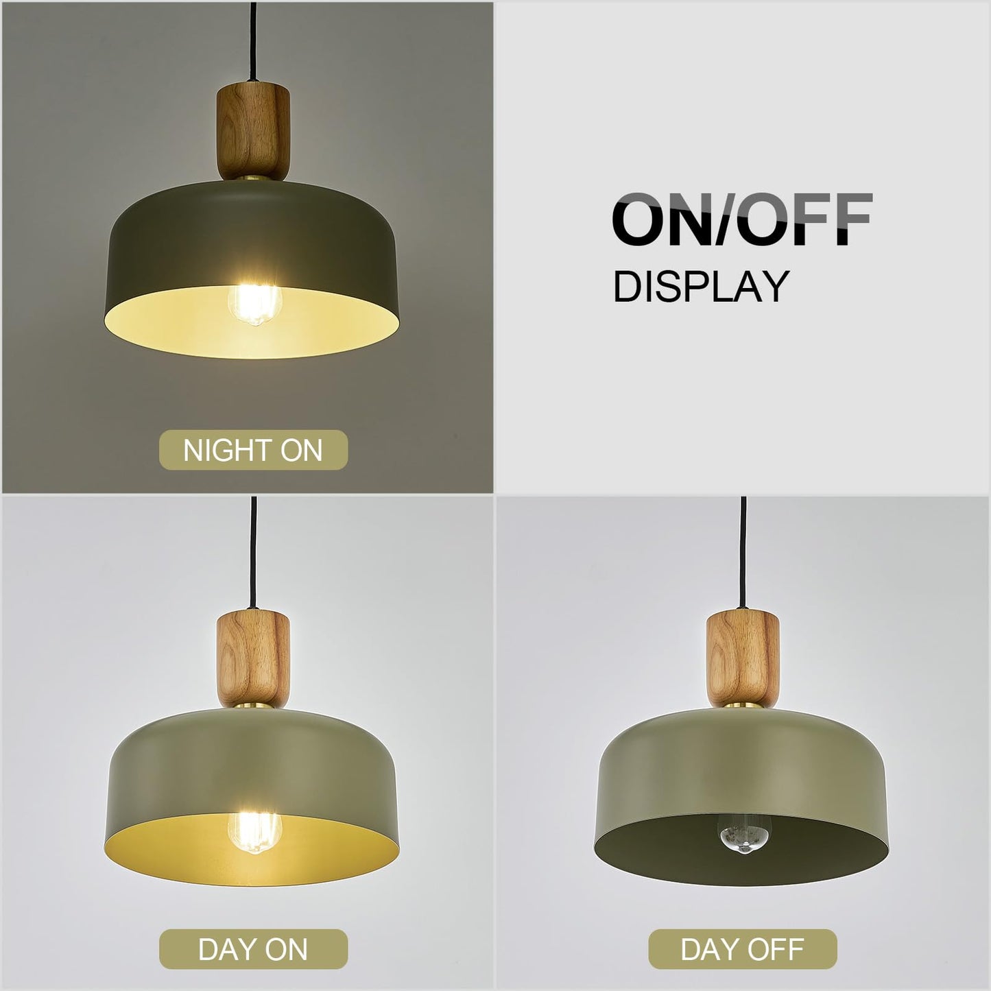 Contemporary Pendant Lighting,12 inch Pendant Lamp,Wood and Brass Accent,Adjustable Metal Hanging Light Fixture for Kitchen, Dining Room, Green
