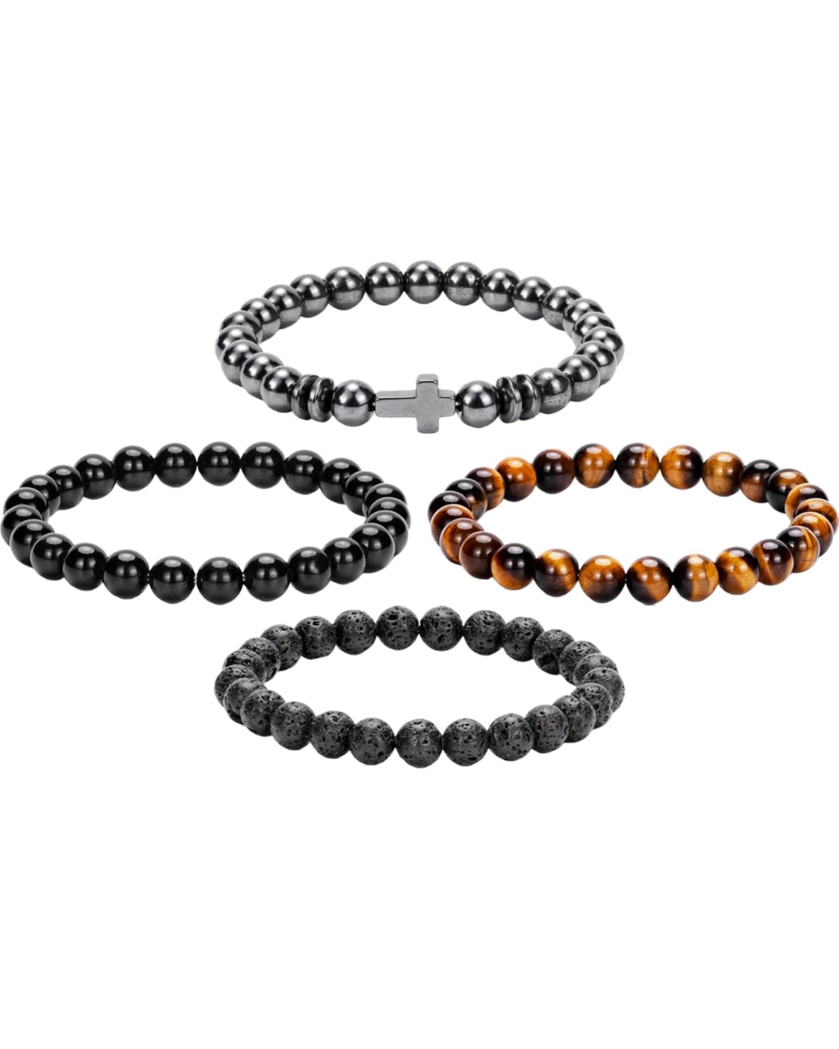 Crystery Men Beaded Bracelets, 8mm Natural Stone Bracelet, Healing Crystal, Jewelry Gifts for men, Triple Protection, Hematite, Tiger Eye, Black Obsidian Beads Bracelets, Lava Rock, Pack of 4