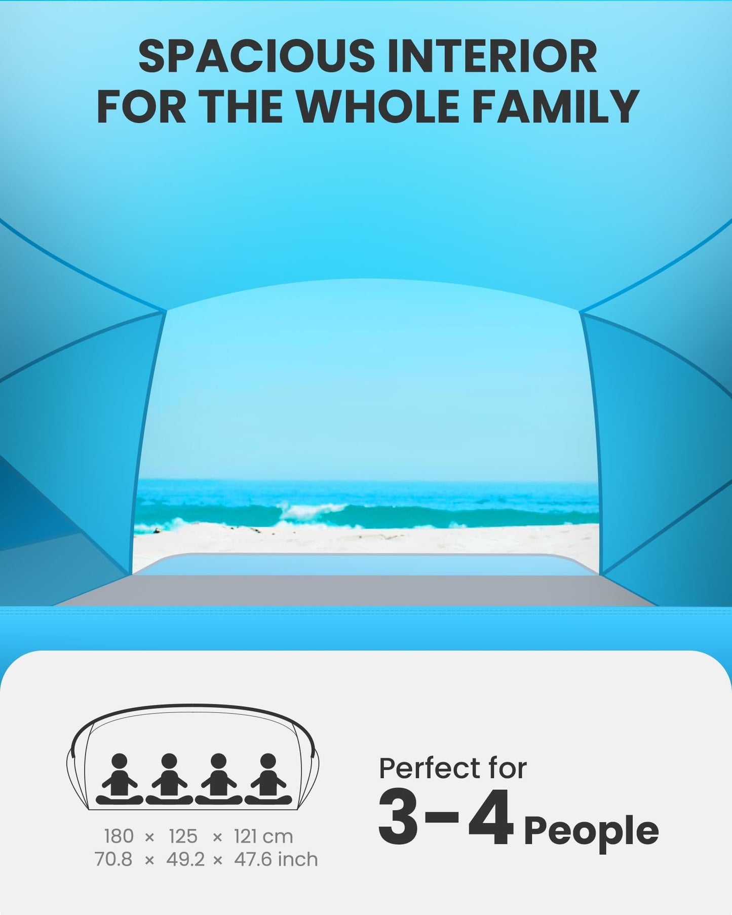 OutdoorMaster Updated Beach Tent for 3-4 Person - Easy Setup and Portable Beach Shade Sun Shelter Canopy with UPF 50+ UV Protection Removable Skylight Family Size -Sky Blue