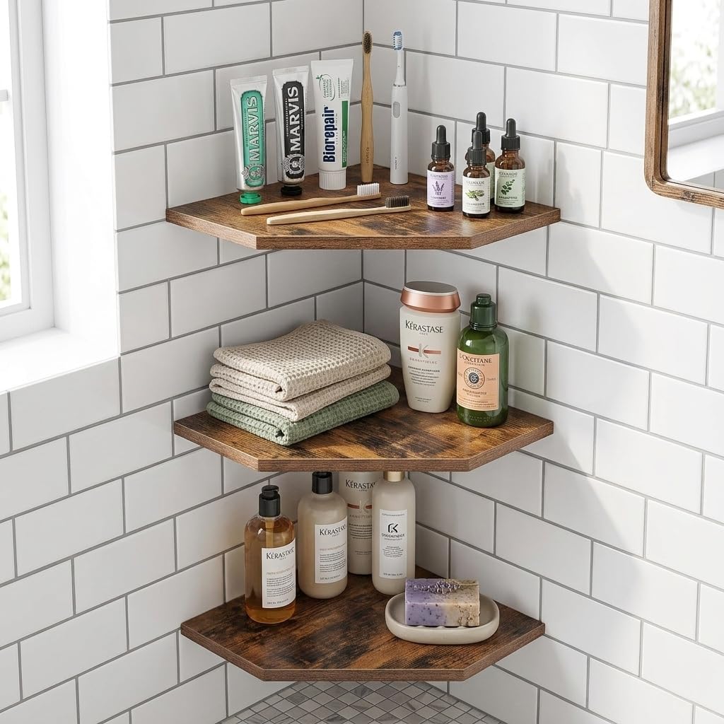SUYU Set of 3 Floating Corner Shelves, 11.8" Rustic Wood Corner Shelf Wall Mounted, L-Shaped Corner Wall Shelf for Bathroom, Bedroom, Living Room, Kitchen, Office Organizer, Rustic Brown