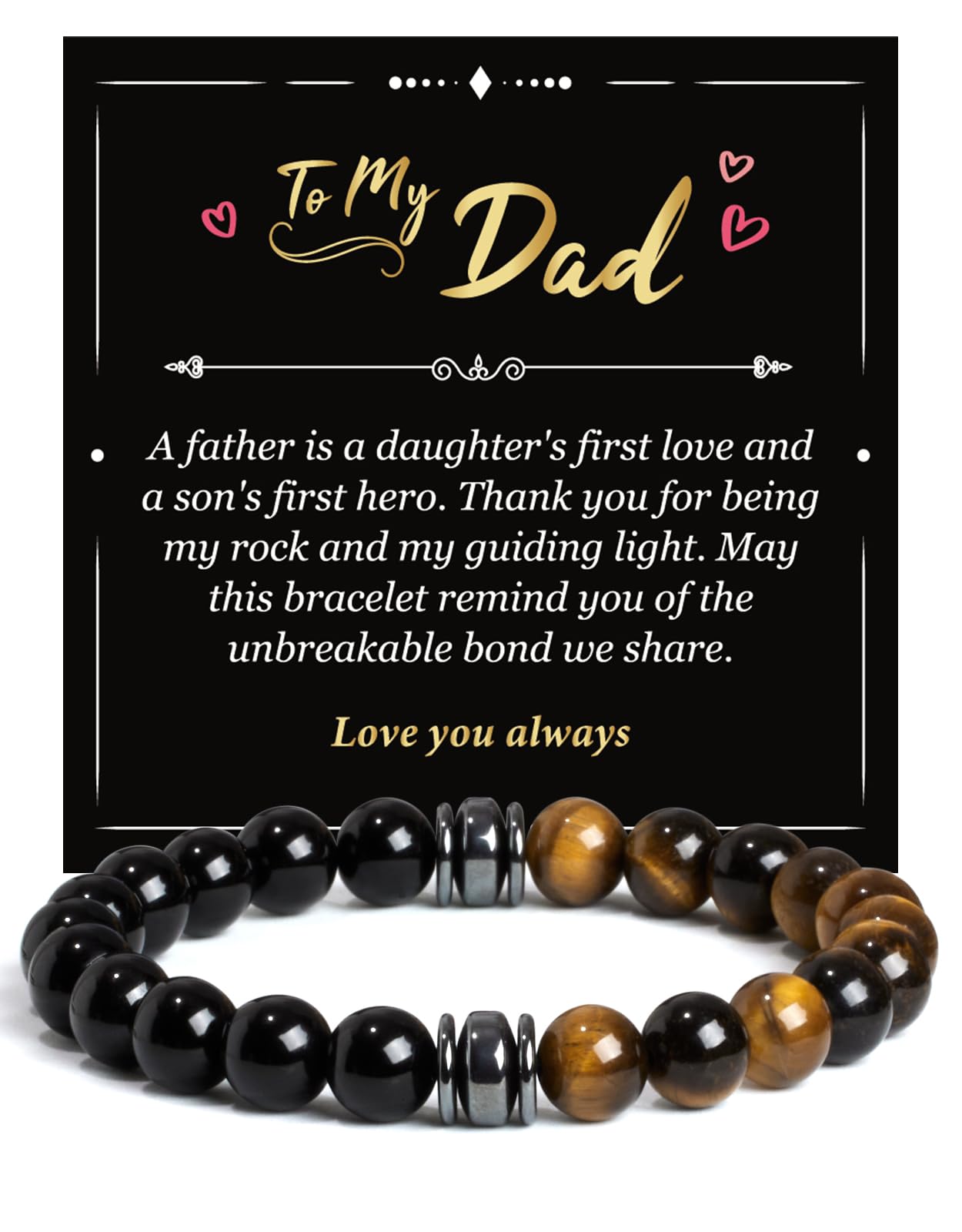 Landorilo Gifts for Men, 8mm Natural Stone Beaded Bracelets, Black Tourmaline & Tiger Eye Healing Bracelet, Handmade Mens Jewelry Gift for Him, Husband, Son, Father, Friend(Happy Birthday-7.5in)