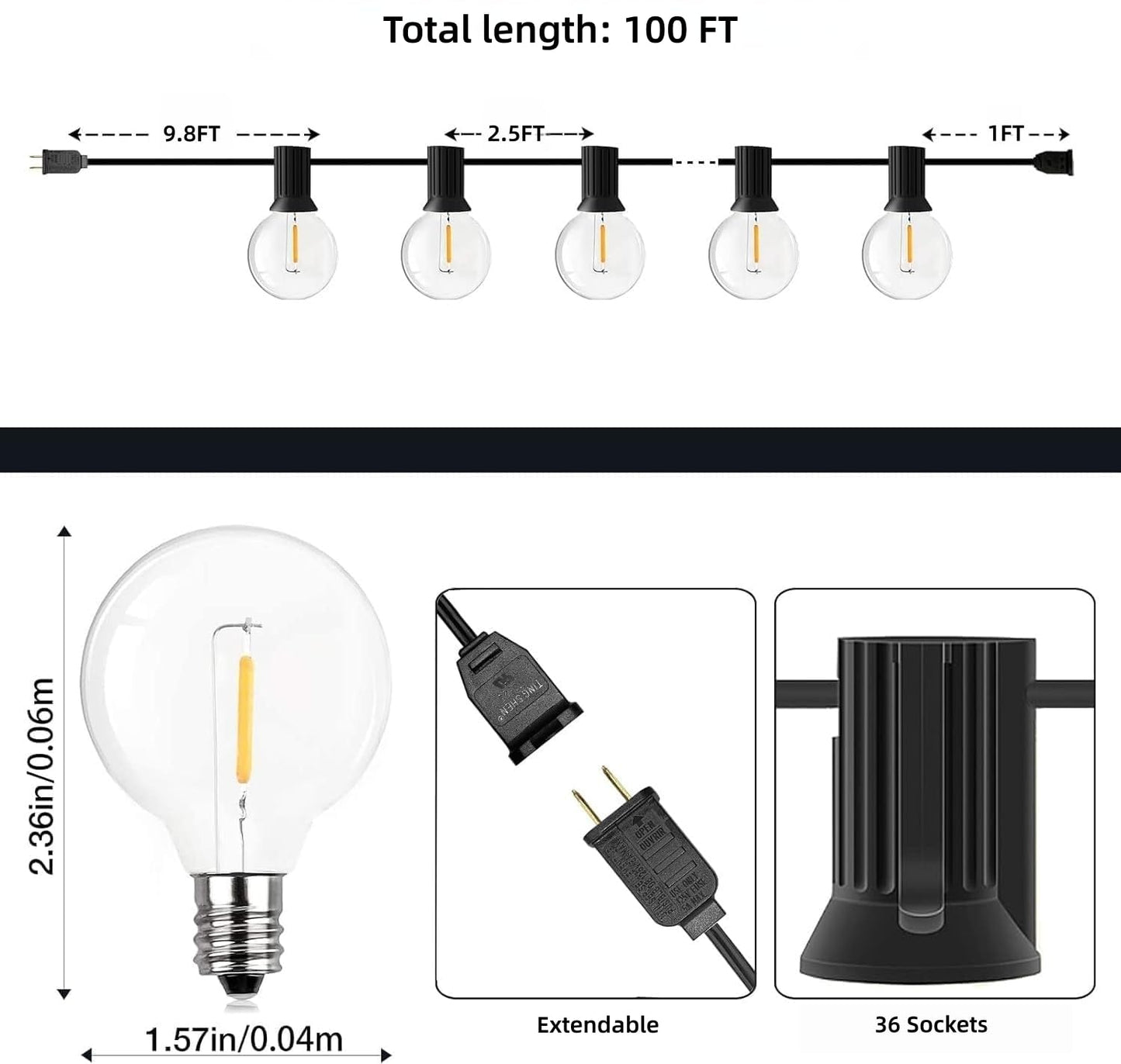 GPATIO Outdoor String Lights, 100FT G40 Bulbs Shatterproof Patio Lights, Waterproof Dimmable Hanging Outdoor Lights, Connectable LED Outside Lights for Backyard Yard Gazebo Porch Party