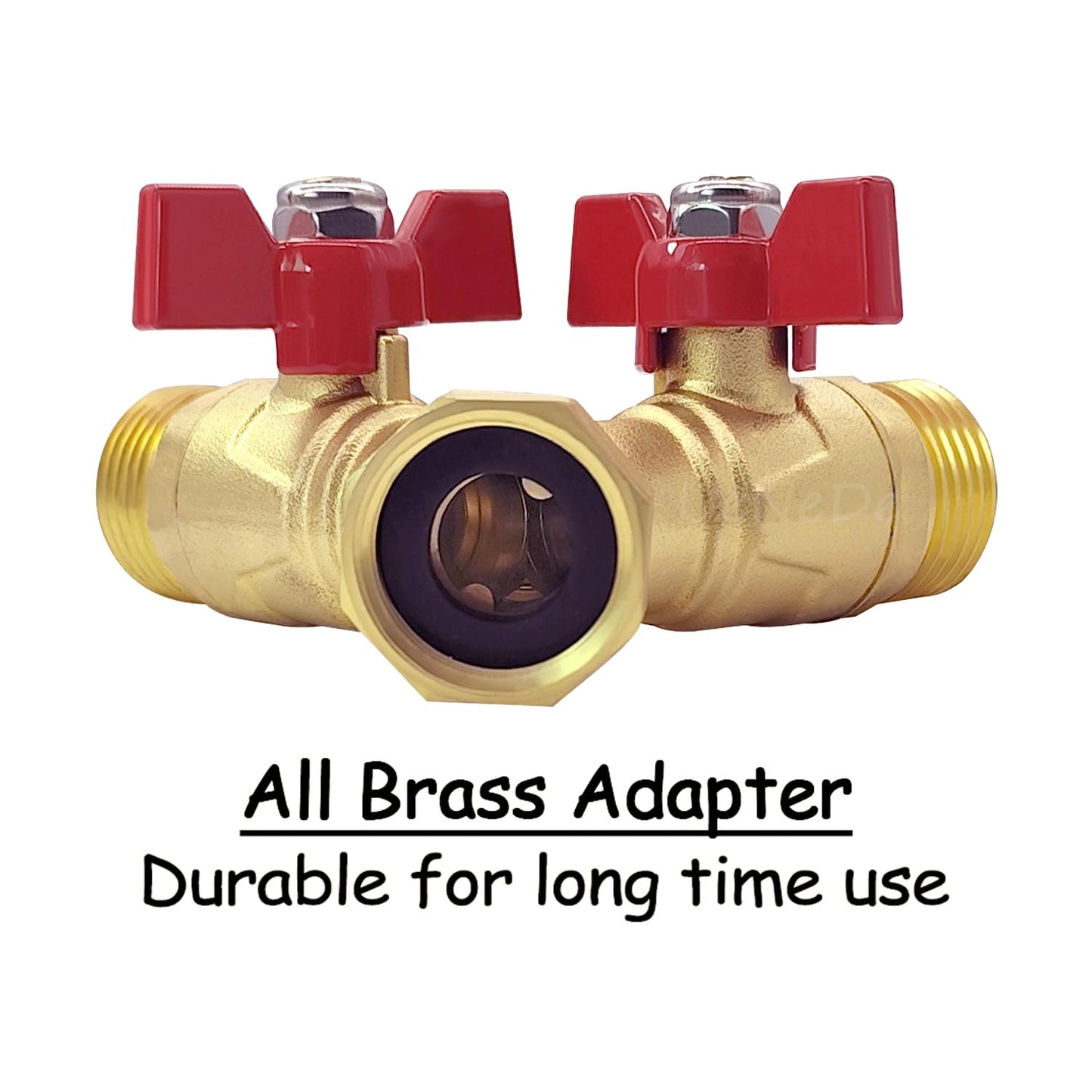 Uenede Brass Full Flow Garden Hose Splitter 3/4" GHT Heavy Duty 2 Way Y Valve Water Hose Shut Off Outdoor Faucet Splitter Connector Adapter with Butterfly Handle