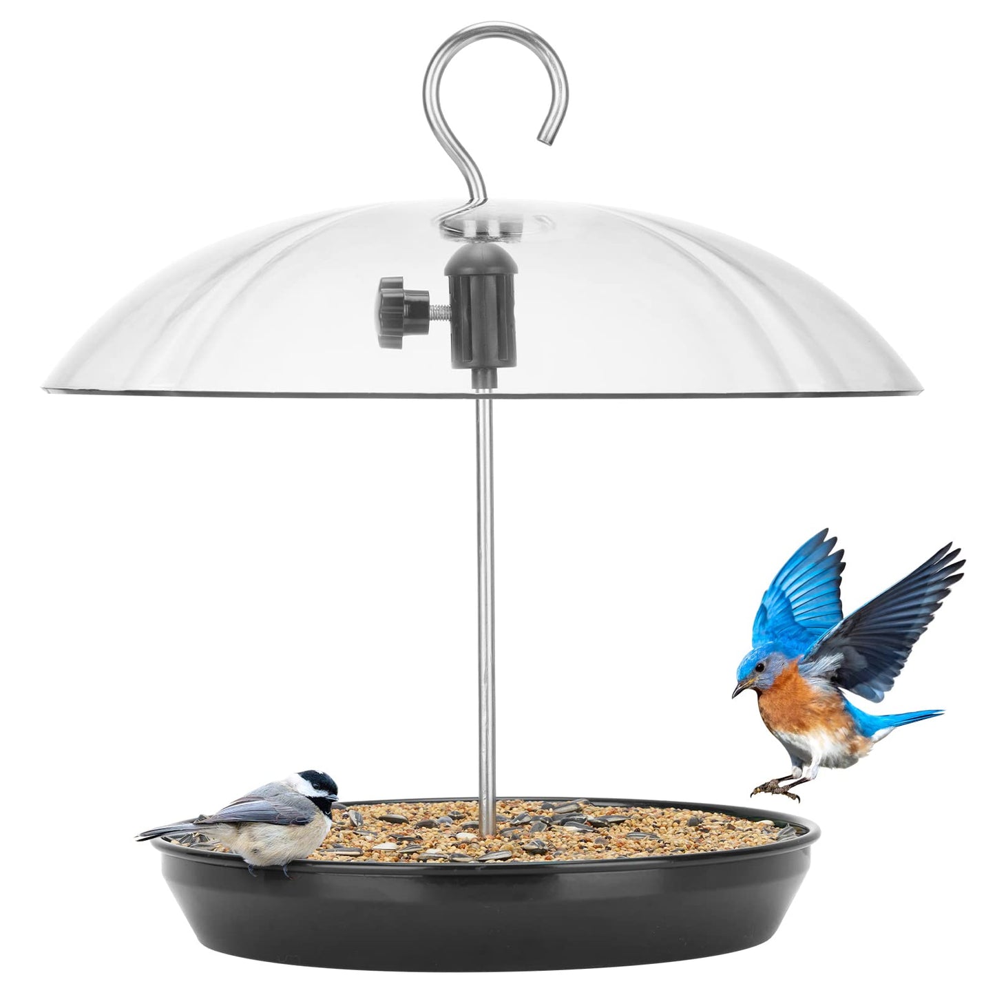 Kingsyard Adjustable Platform Bird Feeder for Outdoors, Hanging Metal Seed Tray with Clear Rain Proof Dome, Large Capacity for Wild Bluebird Cardinal Dove Mealworm, Black