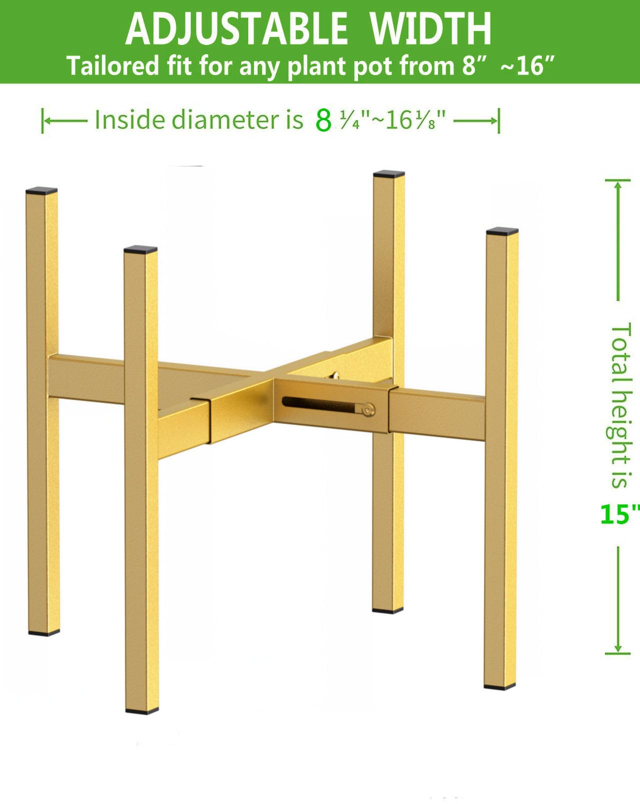 BSTMAI Metal Plant Stand, Adjustable Size Fits 10 12 13 14 15 16 Inches Large Planter Pot,Mid Century Expandable Plant Holder Indoor Outdoor Corner (HeavyGold, Fits all pots between 8" and 16")