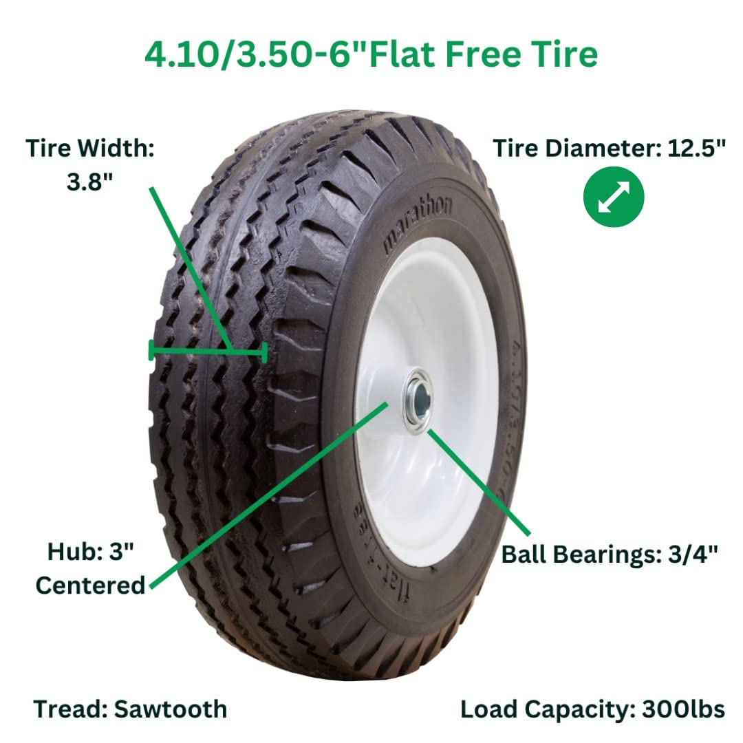 Marathon 4.10/3.50-6" Flat Free, Hand Truck / All Purpose Utility Tire on Wheel, 3" Centered Hub, 3/4" Bearings