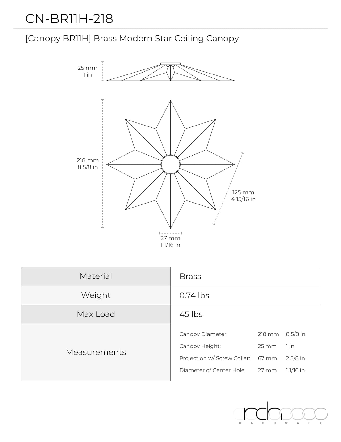 RCH Hardware CN-11-BRZ CN-11-S-H-BRZ Solid Brass Decorative Star Shaped Ceiling Canopy Medallion Accent for Chandeliers and Pendant Lighting with Matching Screw Collar and Loop, Bronze