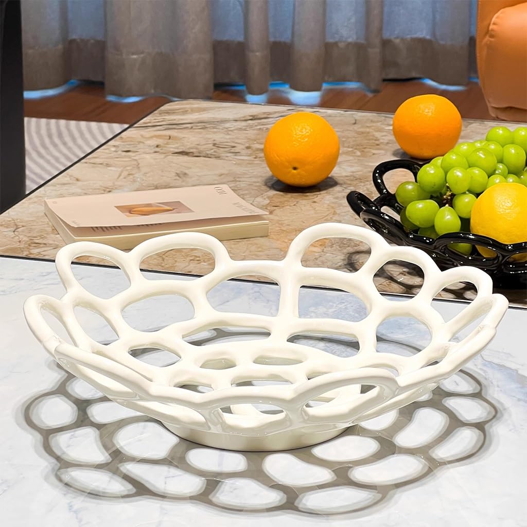 KITCISSL Fruit Bowl Ceramic Fruit Plate Living Room Household Coffee Table Decor, Coffee Table Decorative Centerpiece Candy Snacks Storage Basket Modern Creative Hollow Fruit Basket(White)