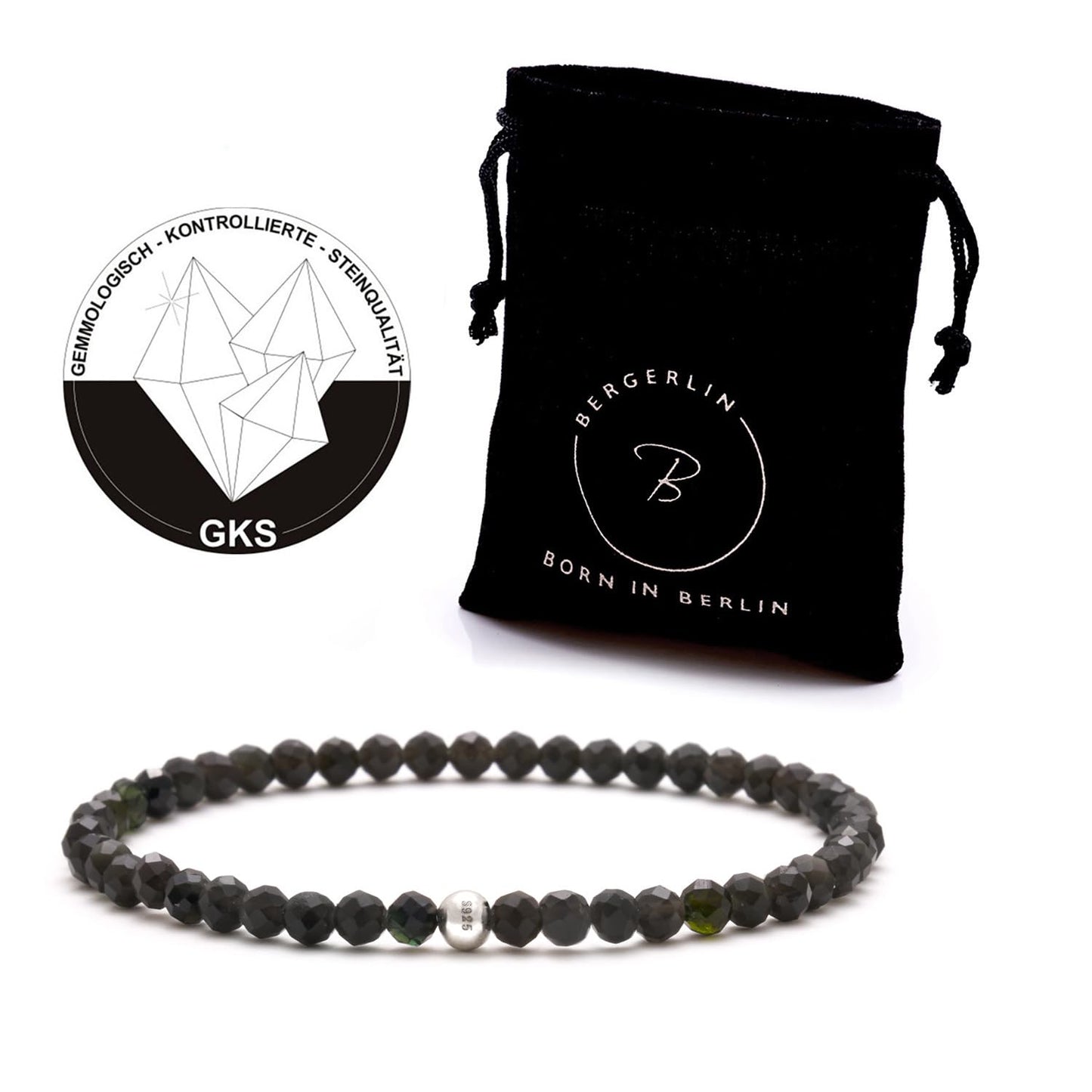 BERGERLIN Genuine obsidian bracelet with 925 Sterling silver - real obsidian bracelet with 4mm pearls, faceted - Size S
