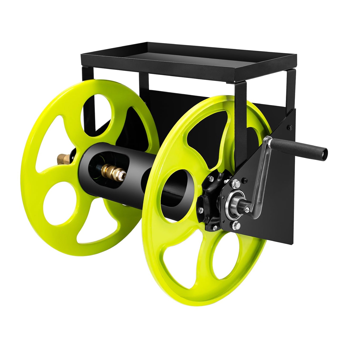 Stainless Steel Garden Hose Reel for 5/8" Hose Reel with Crank Handle Retractable ，Wall Mount Metal Hose Reel 3/4 in Brass Fitting ， Holds up to 120-FtHose with Storage Rack (Hose not included）