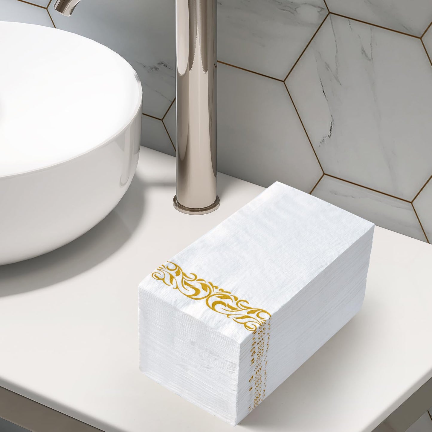 Vplus 200 Pack Paper Napkins Guest Towels Disposable Premium Quality 3-ply Dinner Napkins Disposable Soft, Absorbent, Perfect for Kitchen, Wedding, Parties, Dinners or Events (Gold)