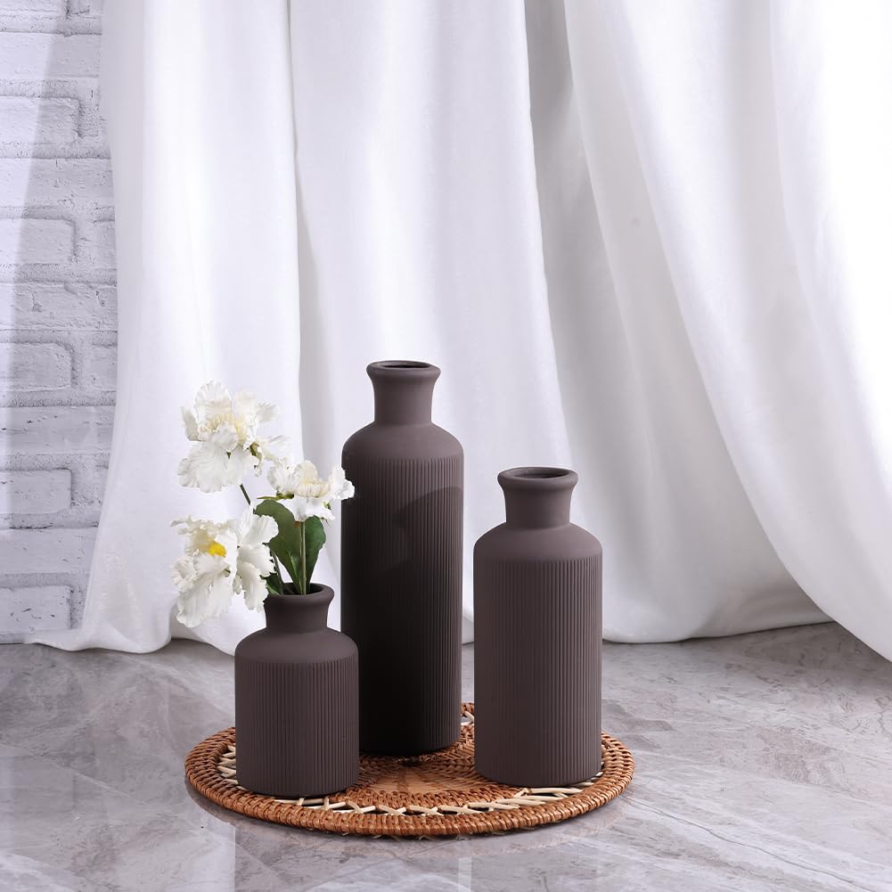 Brown Ceramic Vase Set of 3 – Small Flower Vases, Modern Farmhouse Boho Flower Vases for Home Decor, Rustic Pottery Vases for Centerpieces, Living Room, Shelf, Fireplace, Entryway Decor, Table
