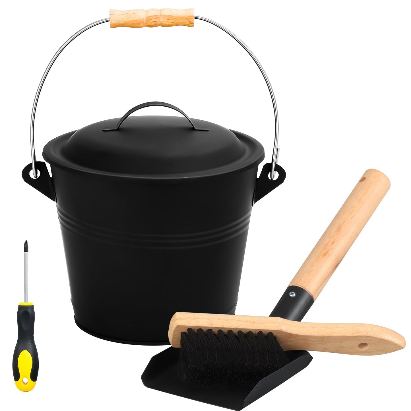 FEED GARDEN Fireplace Tools Set, 1.5 Gallon Mini Ash Bucket with Lid, Shovel, Heat-Resistant Brush & Screwdriver, Heavy Duty Galvanized Iron Ash Cleaning Tool Set, Compact 7.5" x 8.8" x 6.4”, Black
