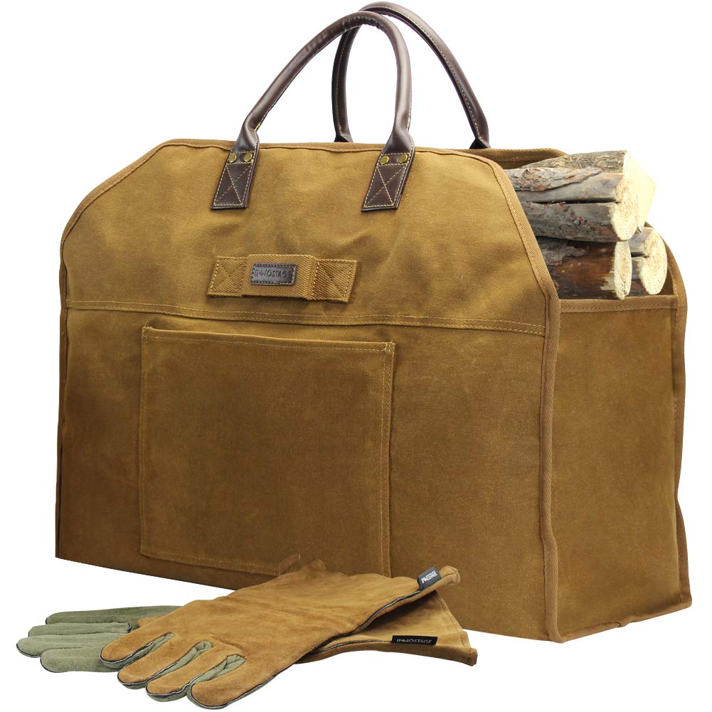 INNO STAGE Firewood Log Carrier Bag Waxed Canvas Tote Holder with Fireplace Pure Leather Gloves for Hay Hauling Outdoor Camping, BBQ Barbecue