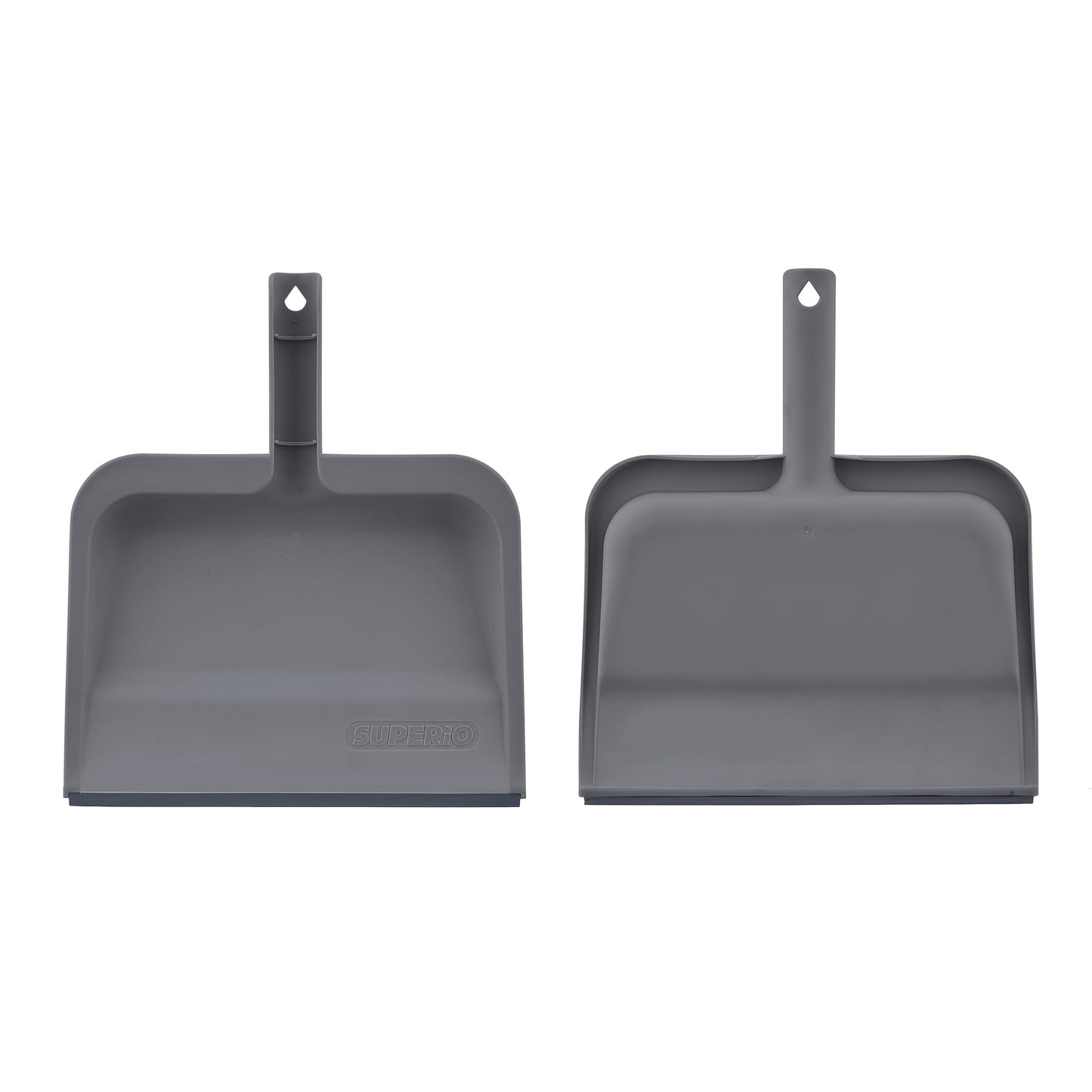 Superio Clip-On Dustpan with Rubber Lip - 10-inch Wide Durable Plastic Dust Pan with Comfort Grip Handle, 2-Pack (Grey)