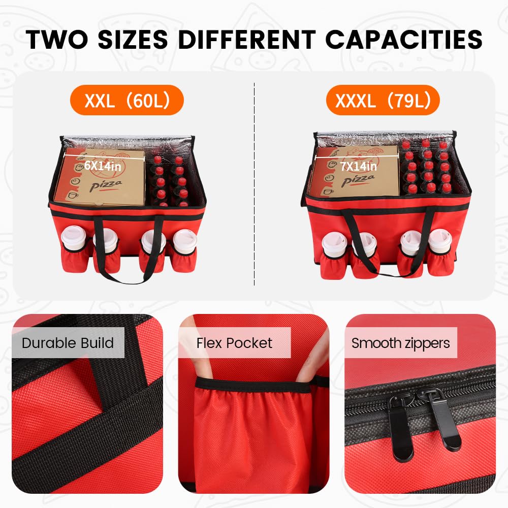 CIVJET Insulated Food Delivery Bag with 4 Cup Holders, XXX-Large Commercial Grade Insulated Grocery Bag, Keep Food Hot/Cold, Heavy Duty Cooler Bag with Drink Carrier, Catering Food Carrier, Red