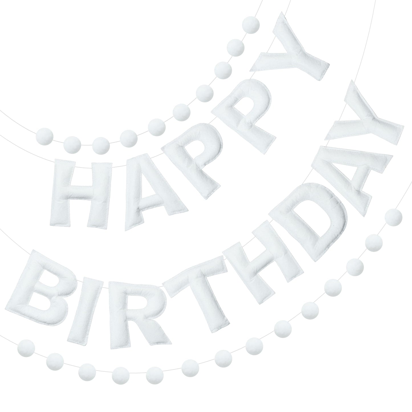 2 PCS Pre-Strung 3D Felt Happy Birthday Banner - White Theme Birthday Decorations Sign, Pom Pom Garland, Reusable Party Decor, Photo Prop（White）