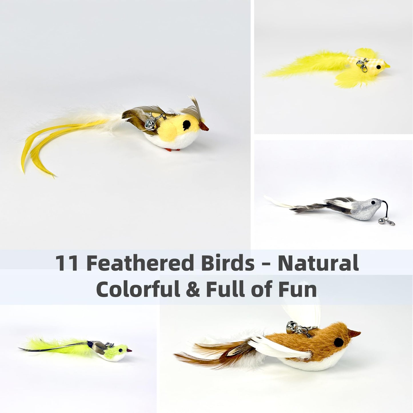 ZAYLUMO 11 PCS Multi-Functional Cat Toy Replacement Heads – Realistic Handmade Bird Teasers with Bells & Detachable Clip, for Interactive Play, Indoor Enrichment & Home Decoration