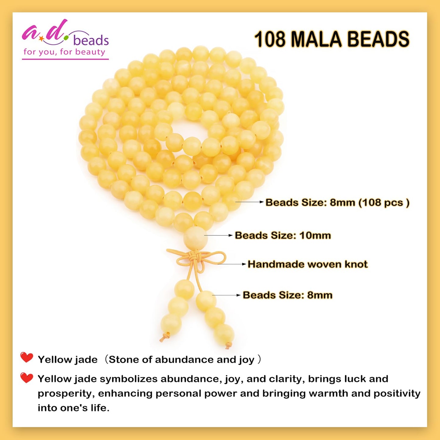 AD Beads 8mm 108 Prayer Mala Yellow jade Elastic Bracelet - Abundance and Joy - Handmade Yoga Meditation Healing Power Energy Gifts for Unisex Adult.