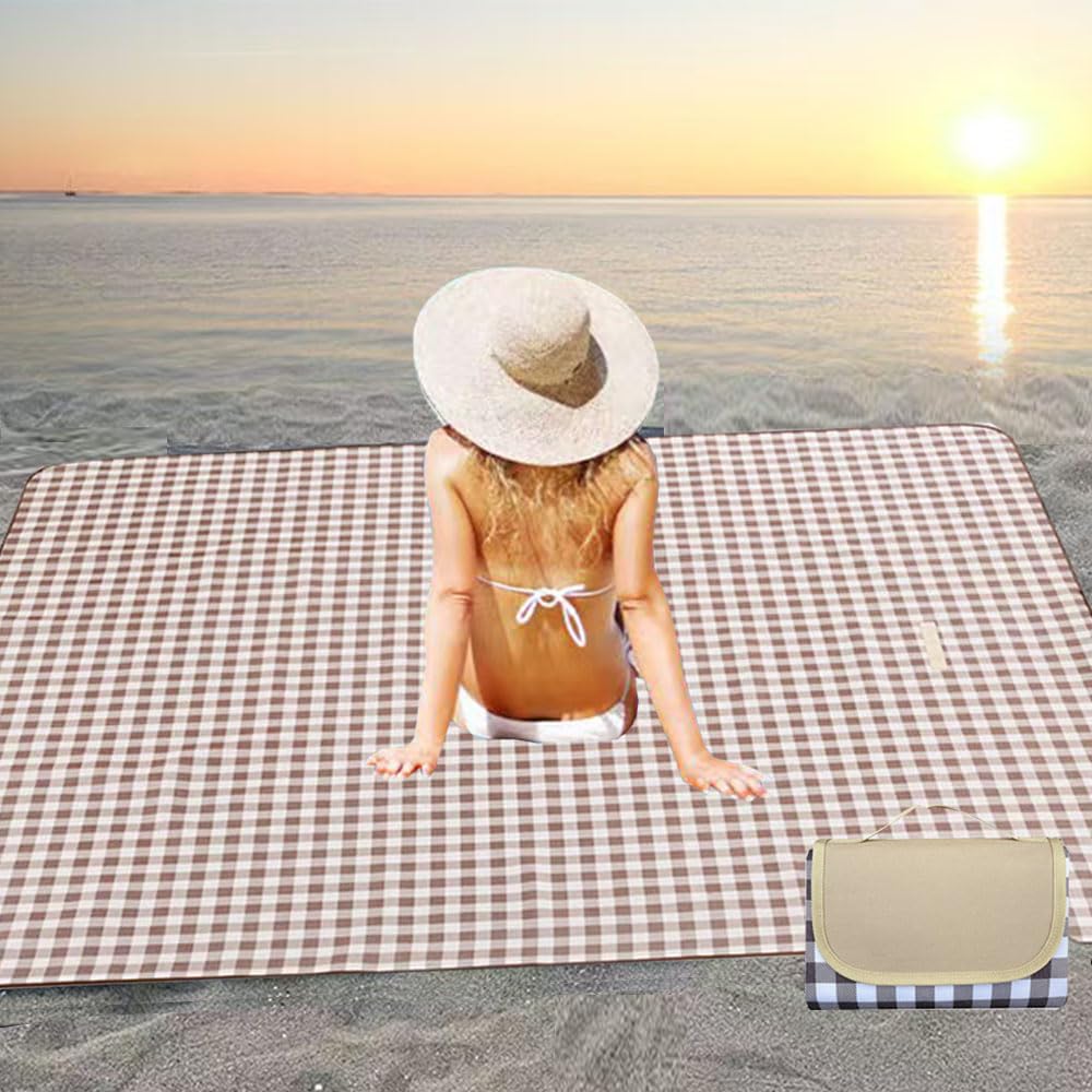 LRUUIDDE Large 80"x 60" Beach Blanket, Outdoor Picnic Blankets, Waterproof Sandproof Portable Blankets, Foldable and Lightweight for Spring Summer Camping, Beach, Park (Brown)