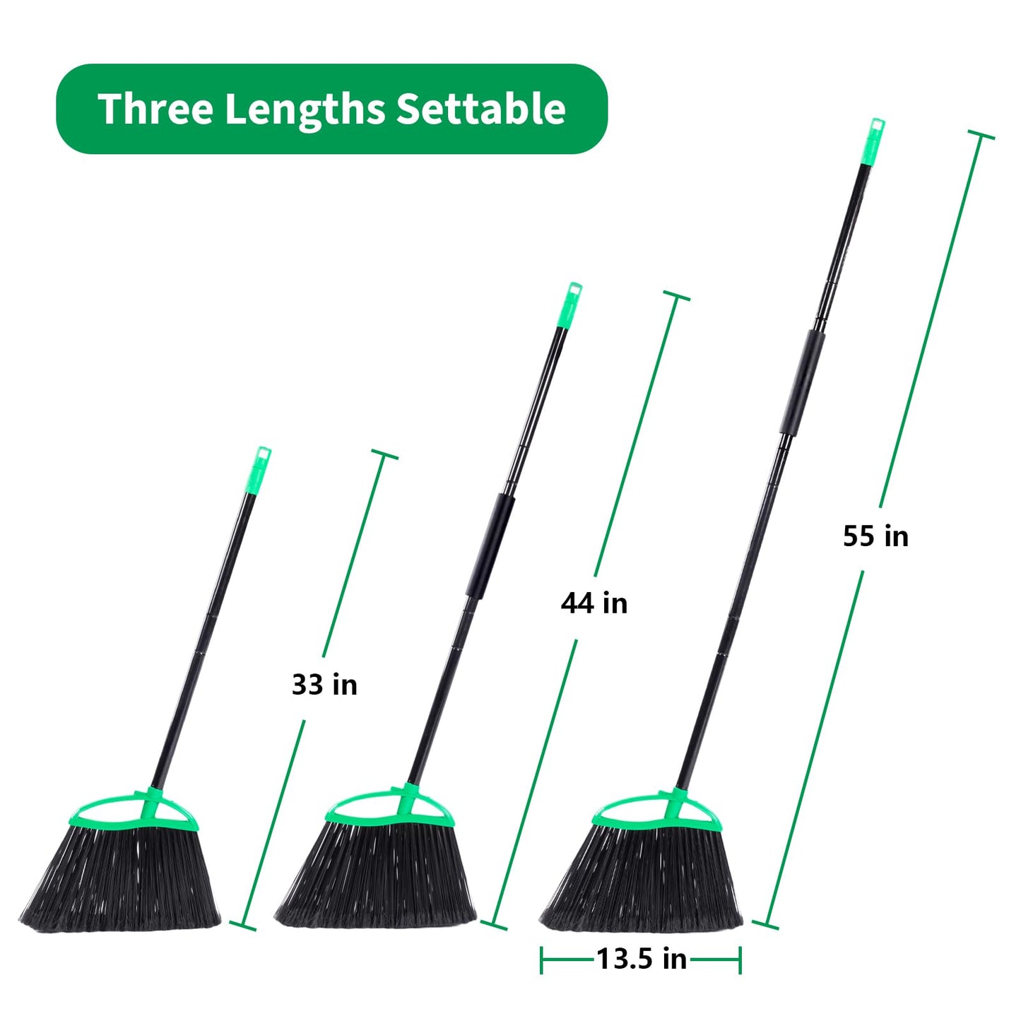 HileSwan 2 Pack Heavy Duty Brooms, 55" Long Handle Indoor Outdoor Angle Broom Set, Household Commercial Floor Cleaning, for Sweeping Home, Kitchen, Deck, Garage, Patio - Green