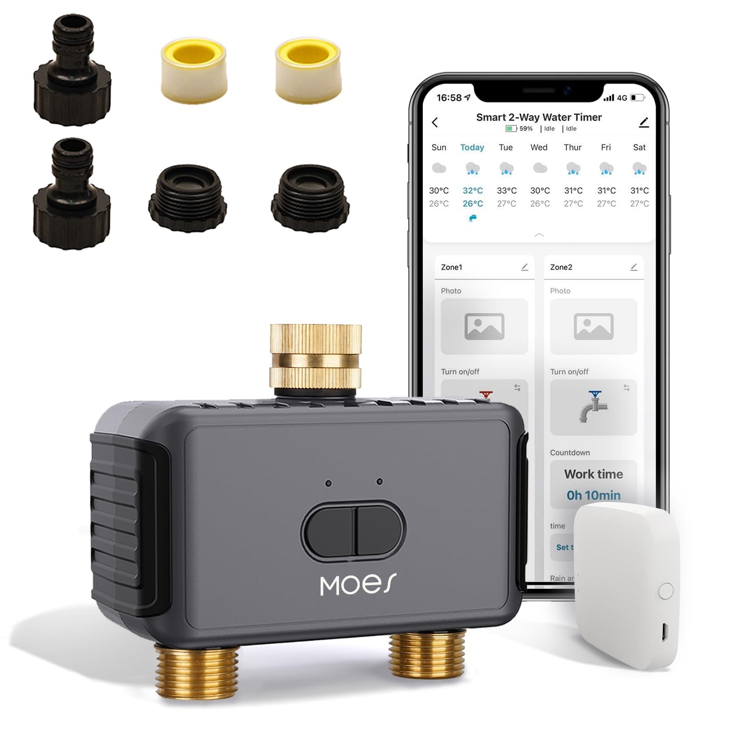 MOES WiFi Sprinkler Timer 2 Zone with Brass Inlet & Outlet, Water Timer for Garden Hose Faucet, Programmable Watering Irrigation 2 Outlet, Smart Watering System for Lawns and Yard Work with hub