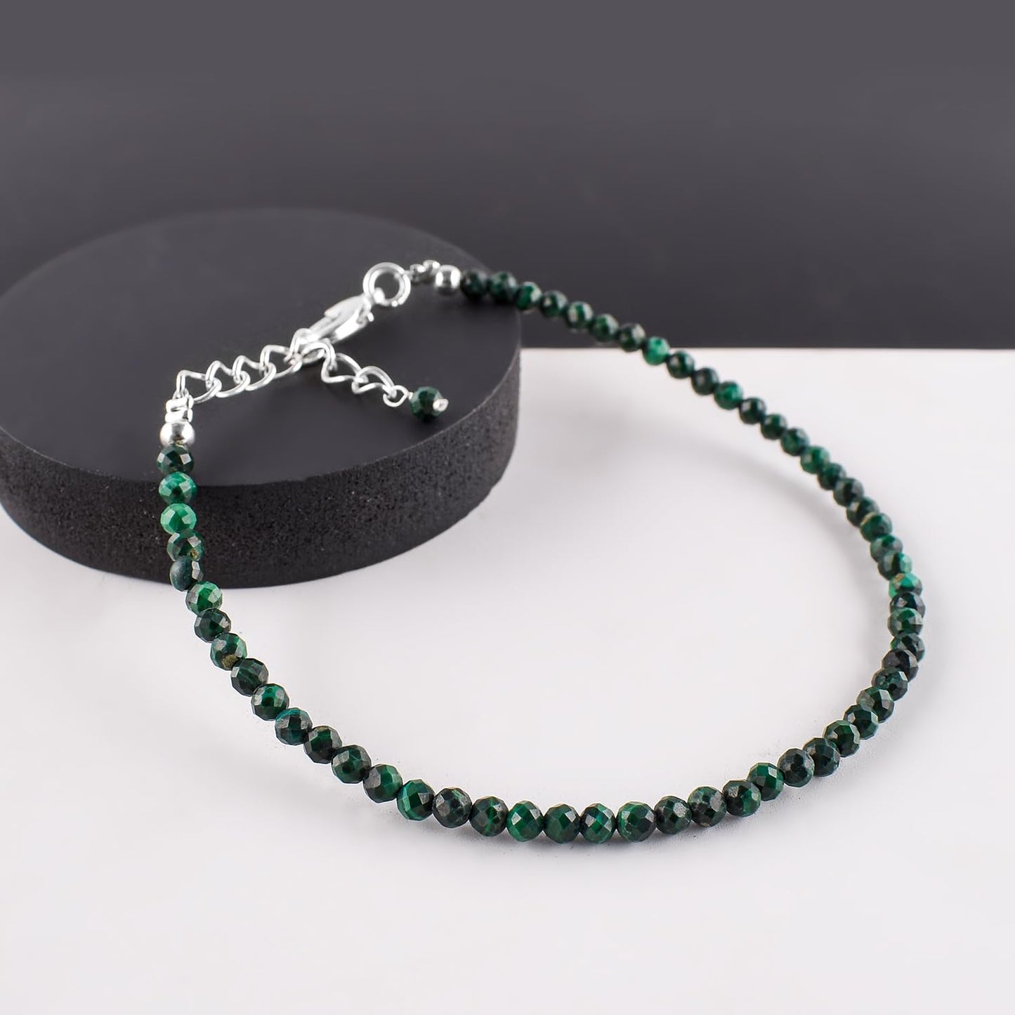 Natural Green Malachite Gemstone Micro Beads Dainty Bracelet Jewelry for Women Gifts For her, Birthstone Energy Crystals, Silver Plated Chain 8 inch