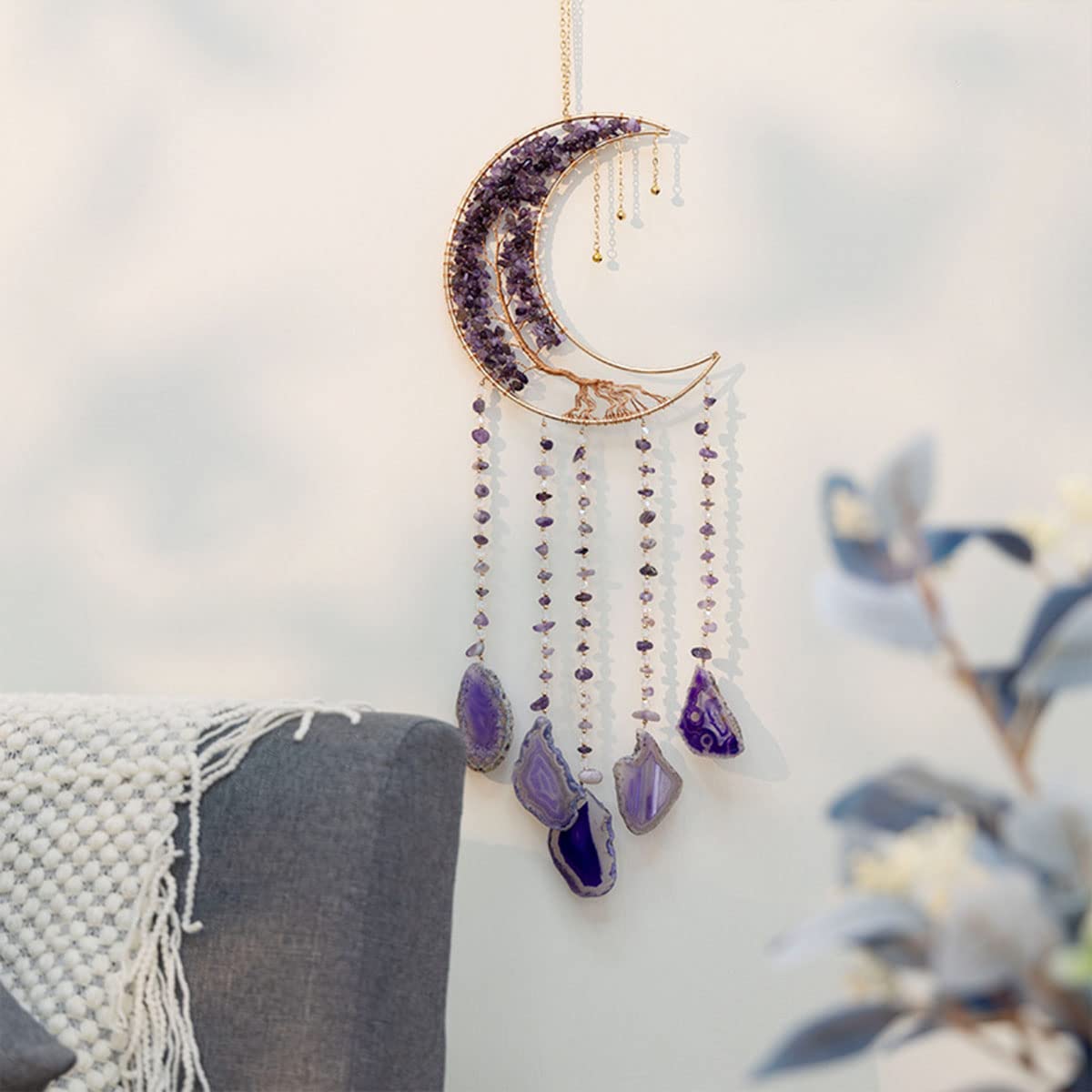 Agate Moon Dream Catchers with Crystal Purple Gemstone Dream Catchers Natural Tree of Life Gem Agate Wall Hangings Room Garden Dreamcatchers Decor (Purple)