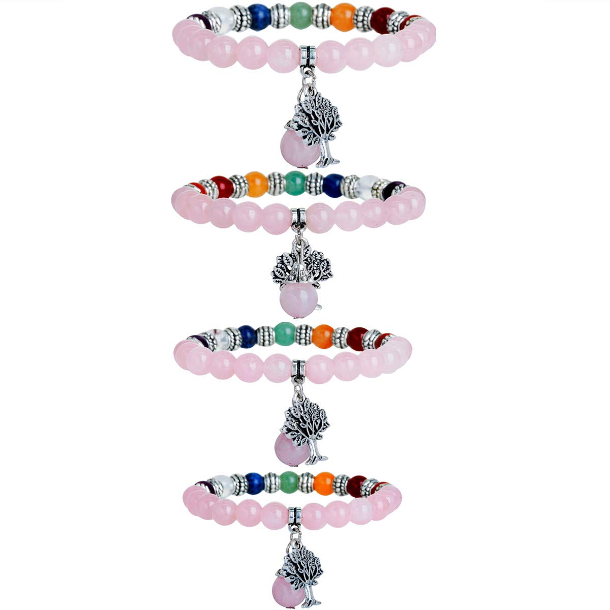 TUMBEELLUWA Beaded Bracelets Semi Precious Stone Yoga Beads Crystals Tree Charm Chakra Bracelet Handmade Jewelry for Women,Rose Quartz(7 Chakra)