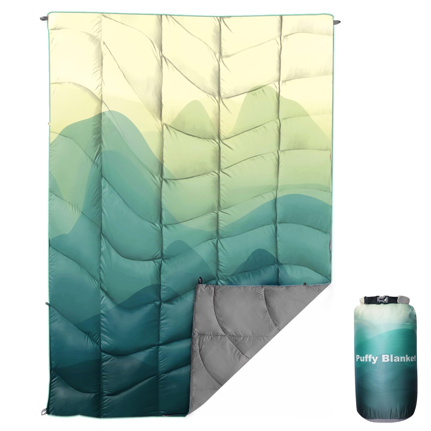 GLORSIGN Outdoor Puffy Camping Blanket, Lightweight Down Alternative Printed Large Ultra Warm Quilt Waterproof for Traveling Picnic Beach Party Cold Weather (Green Mountain)