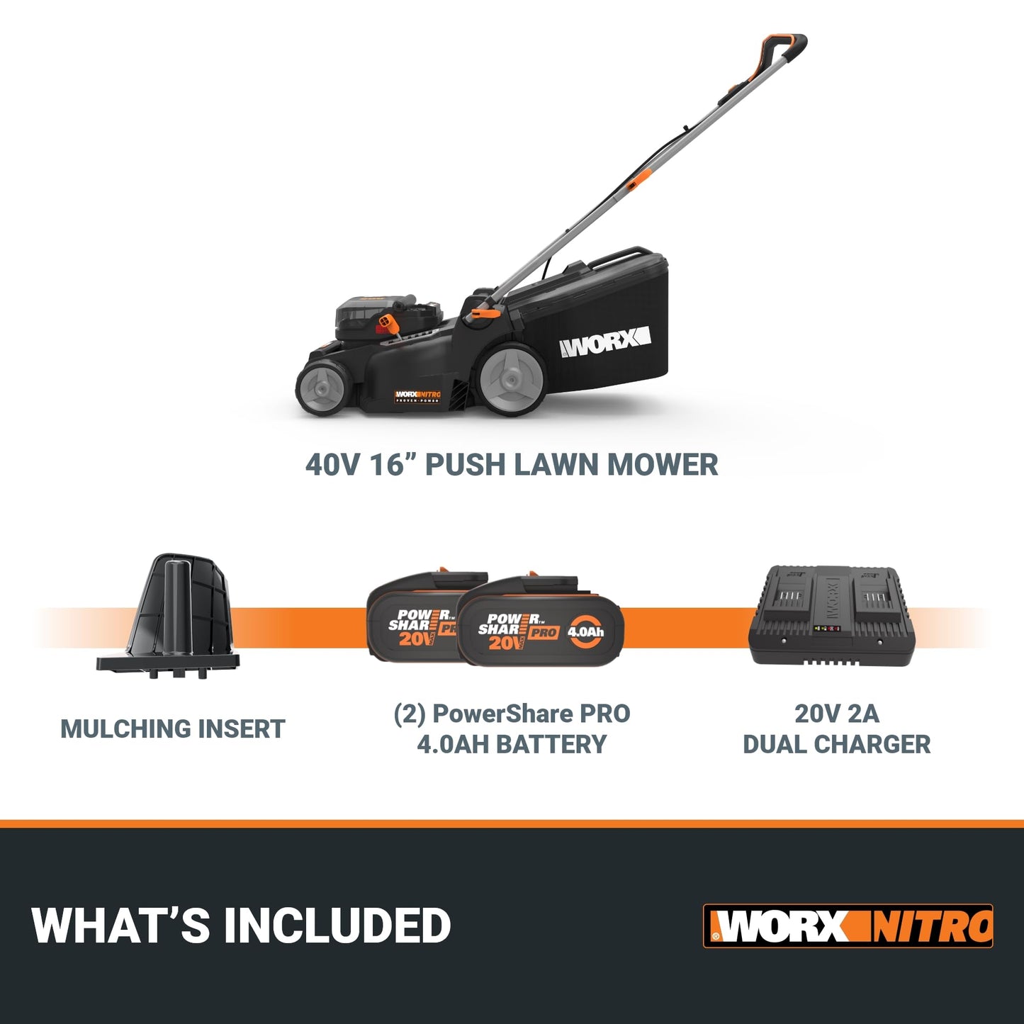 WORX Nitro 16" Cordless Lawn Mower, 2 in 1 Electric Mower with with Brushless Motor, Lightweight Push Lawn Mower for 1/4 Acre, 2 Batteries & Charger Included, WG737