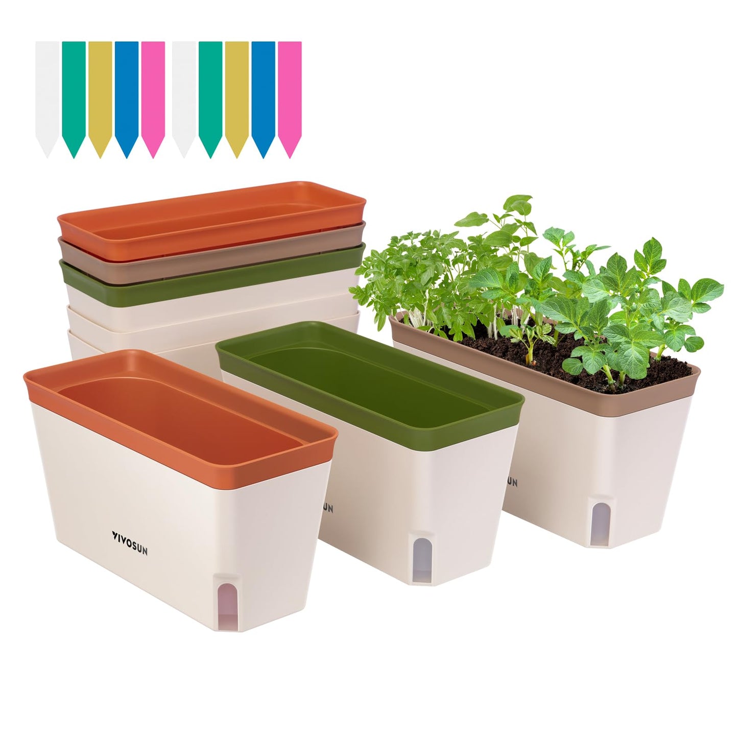 VIVOSUN Self-Watering Planters, 6-Pack 10.5 Inch Compact Rectangular Window Herb Planter Box with 10 PCS Plant Labels, Plant Container for Basil, Flowers, Succulents, Indoor & Outdoor