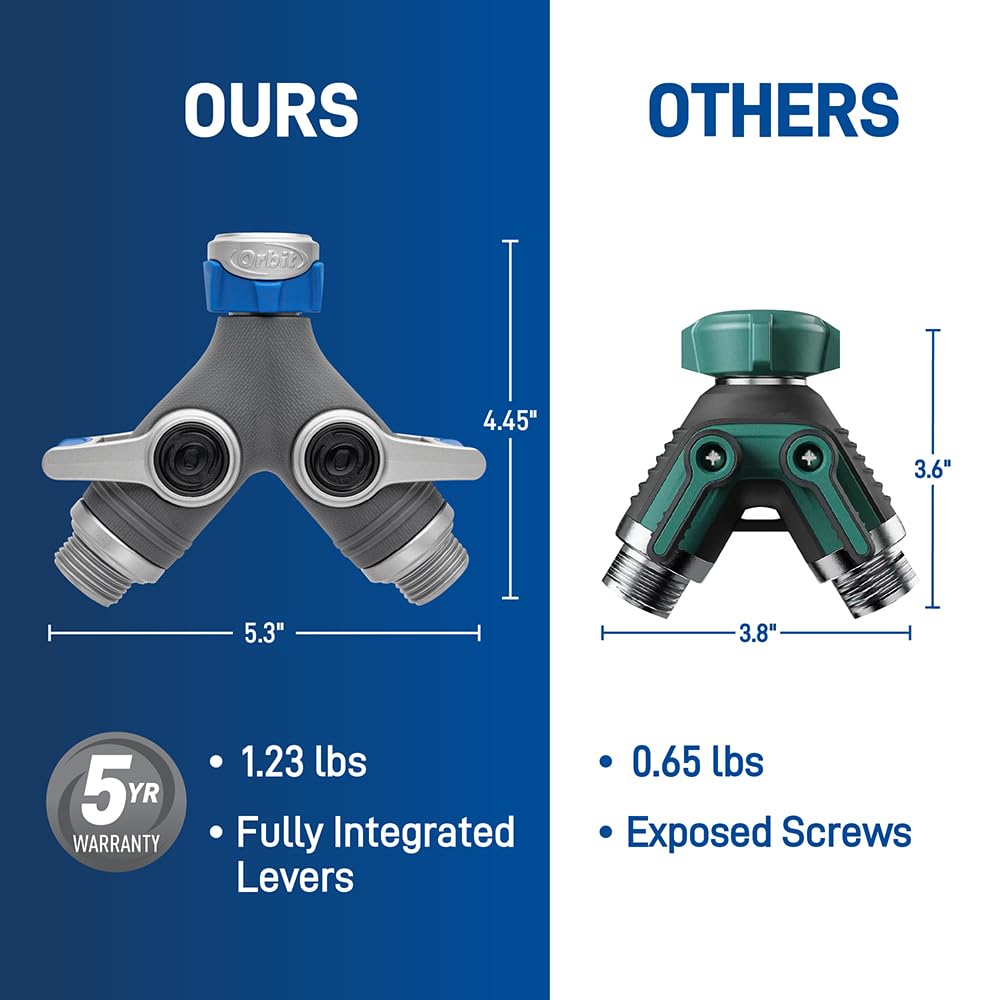 Orbit XL 2-Way Garden Hose Splitter – Dual Valves, Heavy-Duty Zinc Y Connector, Easy-Grip Lever Shut-Off 28294