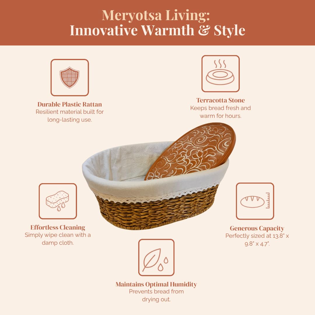 Rustic Bread Basket with Warmer – Woven Farmhouse Bread Basket with Terracotta Warming Stone, Keeps Bread Warm & Fresh, Cozy Serving Basket for Bread, Rolls & Pastries, Mothers day, Mothers day gift