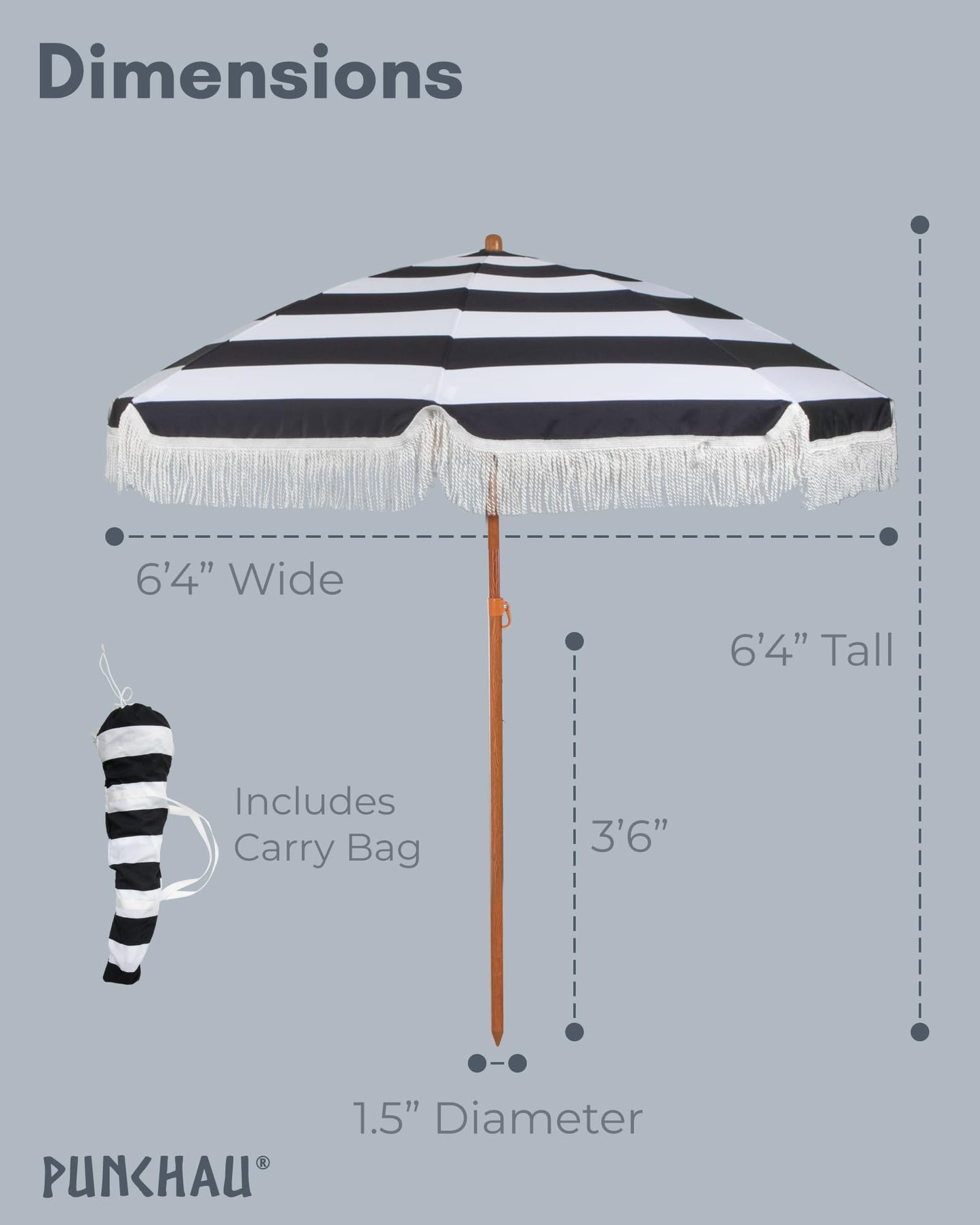Punchau 6 Ft Fringe Patio Umbrella - Outdoor Umbrella for Patio, Pool, Table, Garden, Deck, & Beach - Push Button Tilt Pole - Fashionable Boho Vintage Tassels & Wood Print - Black & White