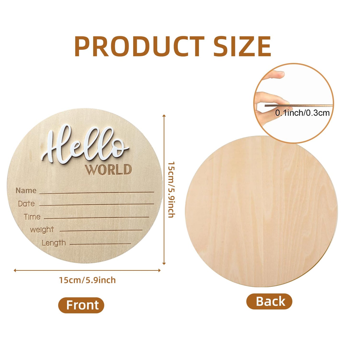 Baby Announcement Sign, 5.9 Inch Wooden Hello World Newborn Welcome Sign, Birth Announcement Sign for Hospital, Newborn Name Sign Plaques for Photo Props Baby Shower Nursery(White)